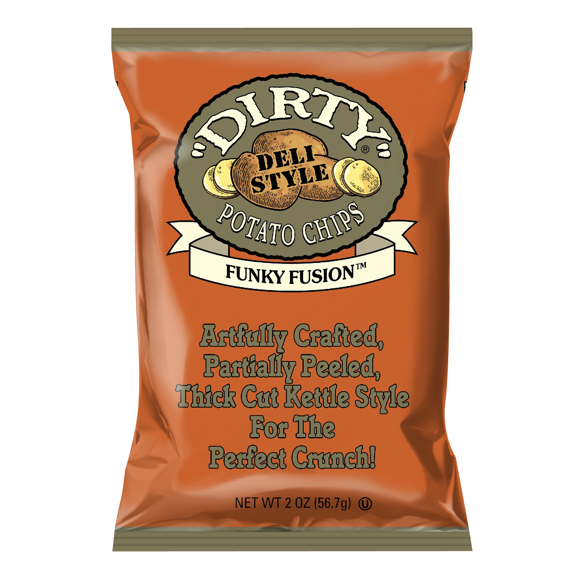 Orange bag of 'Dirty Deli Style Potato Chips' with text on a white background
