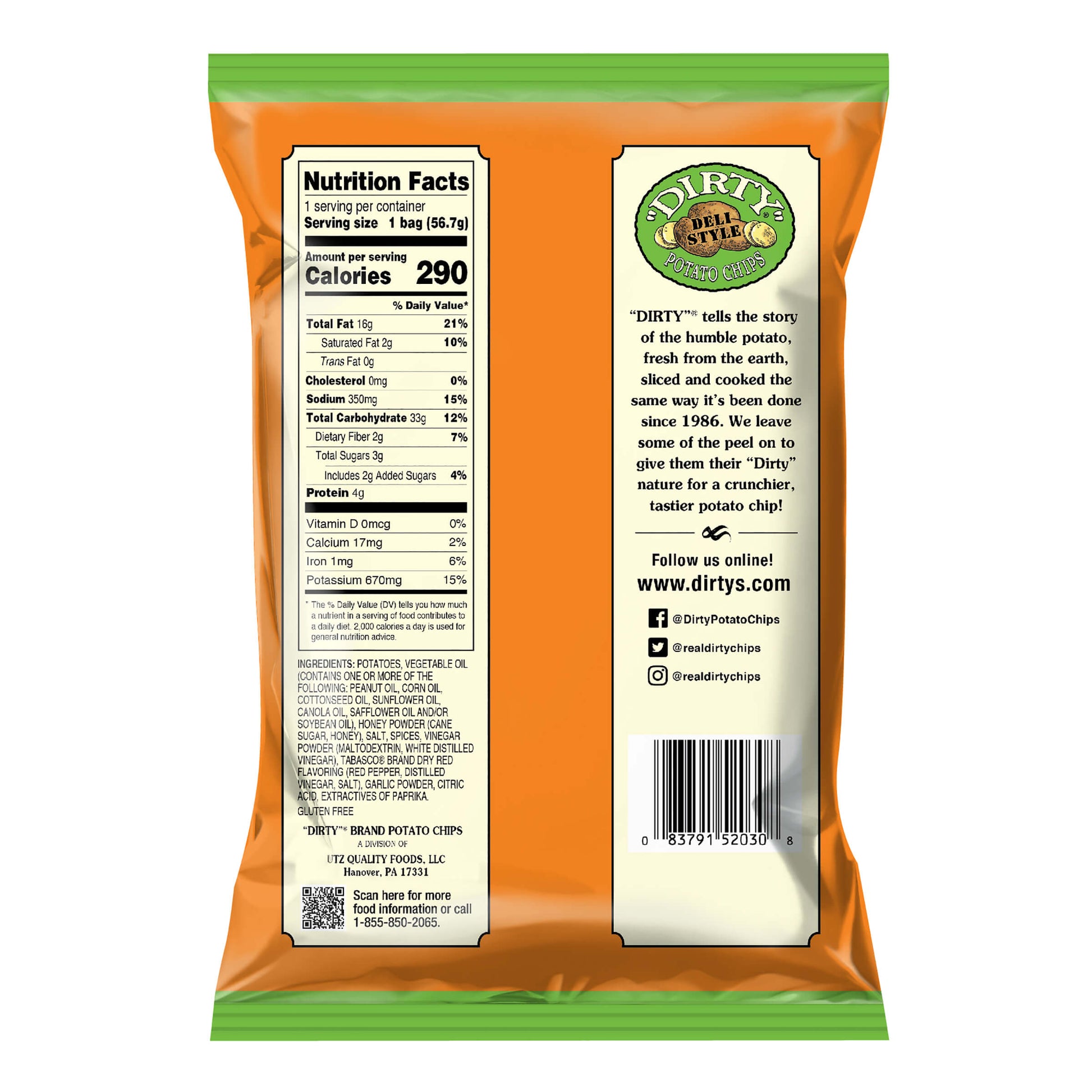 Back view of a Dirty brand potato chip packaging with nutrition facts and branding information.