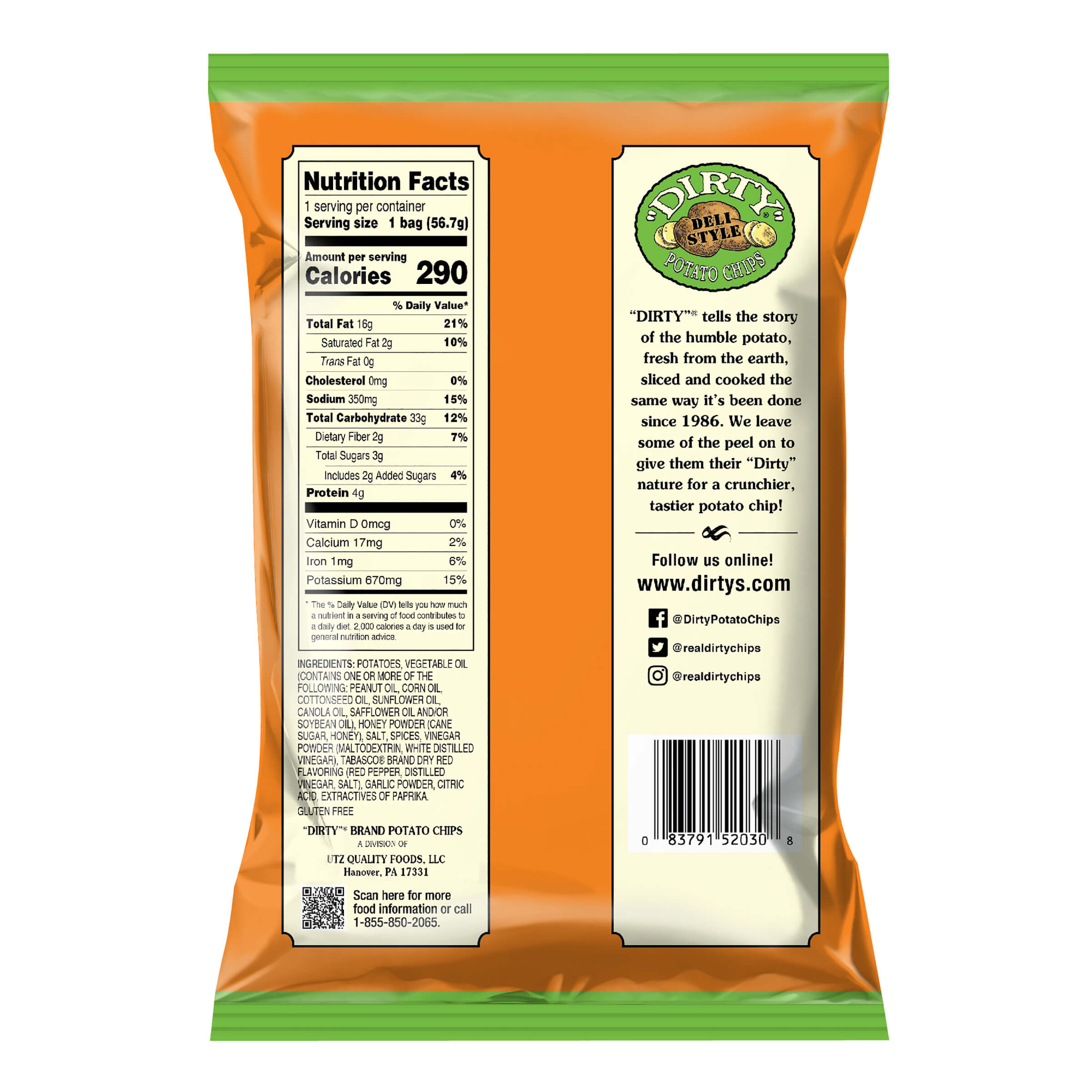 Back view of a Dirty brand potato chip packaging with nutrition facts and branding information.