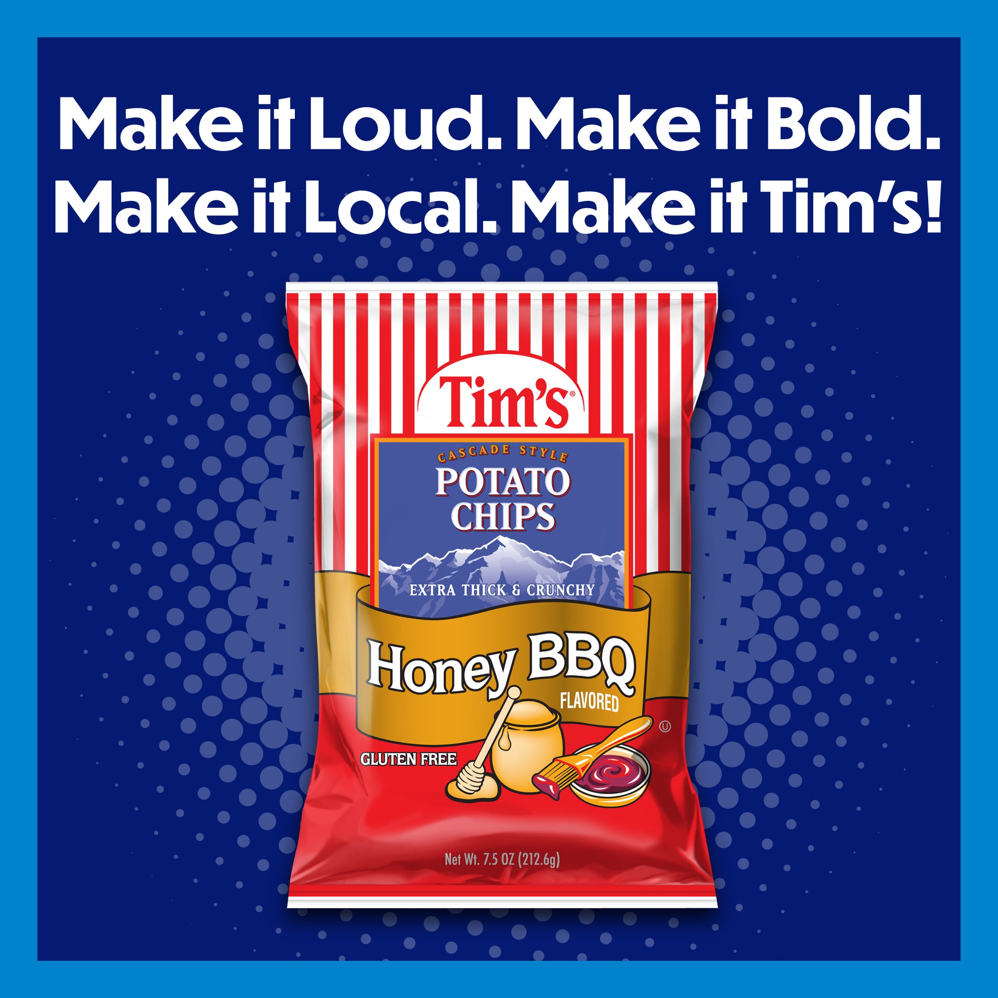 Tim's Potato Chips Honey BBQ flavor packaging on a blue background with promotional text.