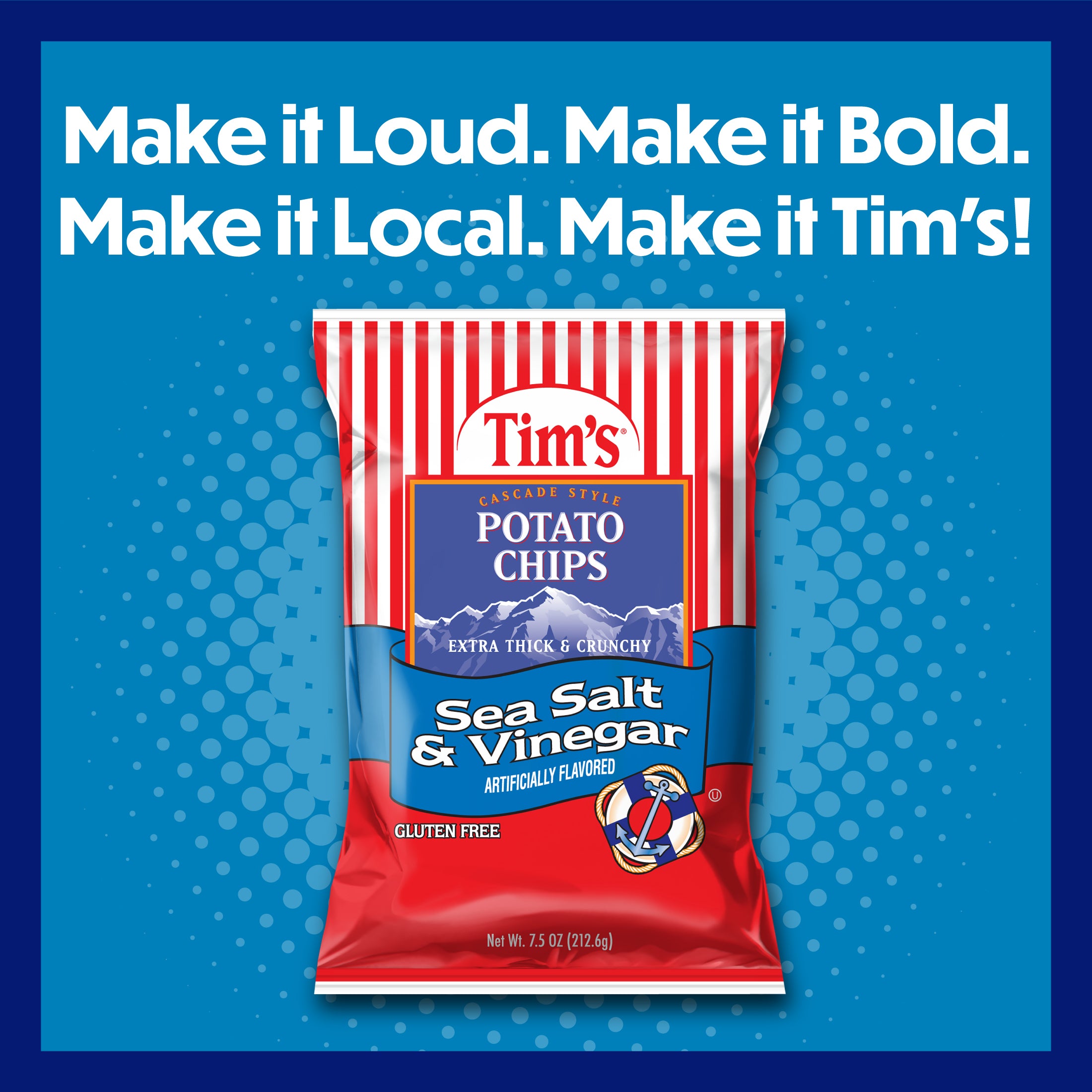 Tim's Potato Chips Sea Salt & Vinegar packet on a blue background with promotional text.