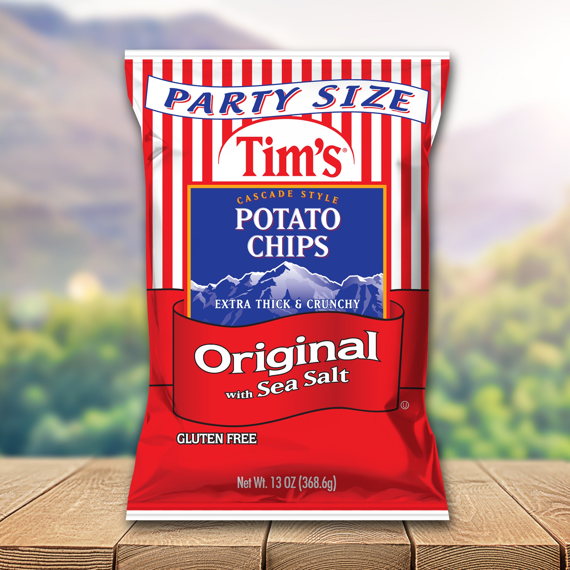 Tim's Potato Chips packaging with a scenic background