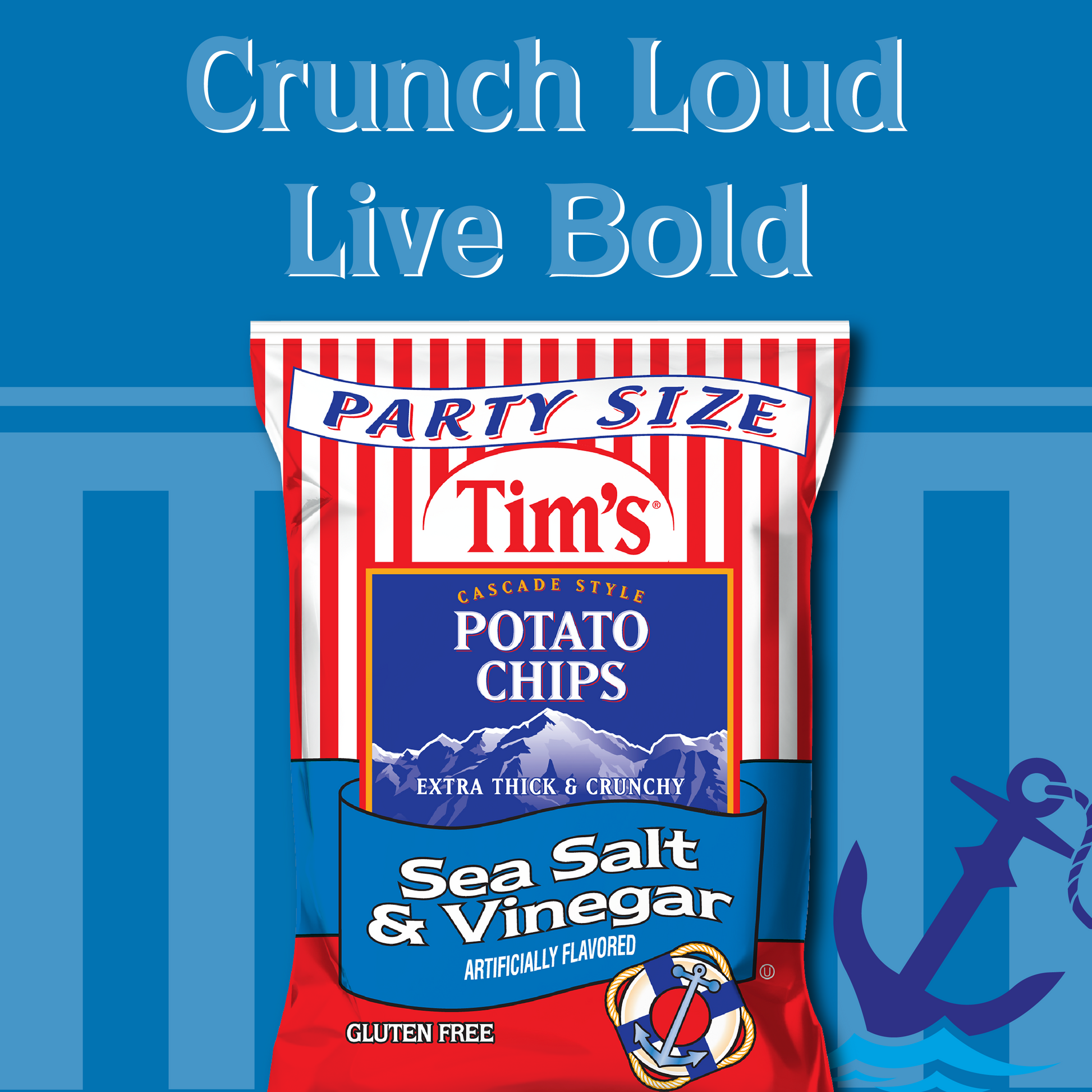 Tim's Party Size Potato Chips Sea Salt & Vinegar packet on a blue background with text 'Crunch Loud Live Bold'.