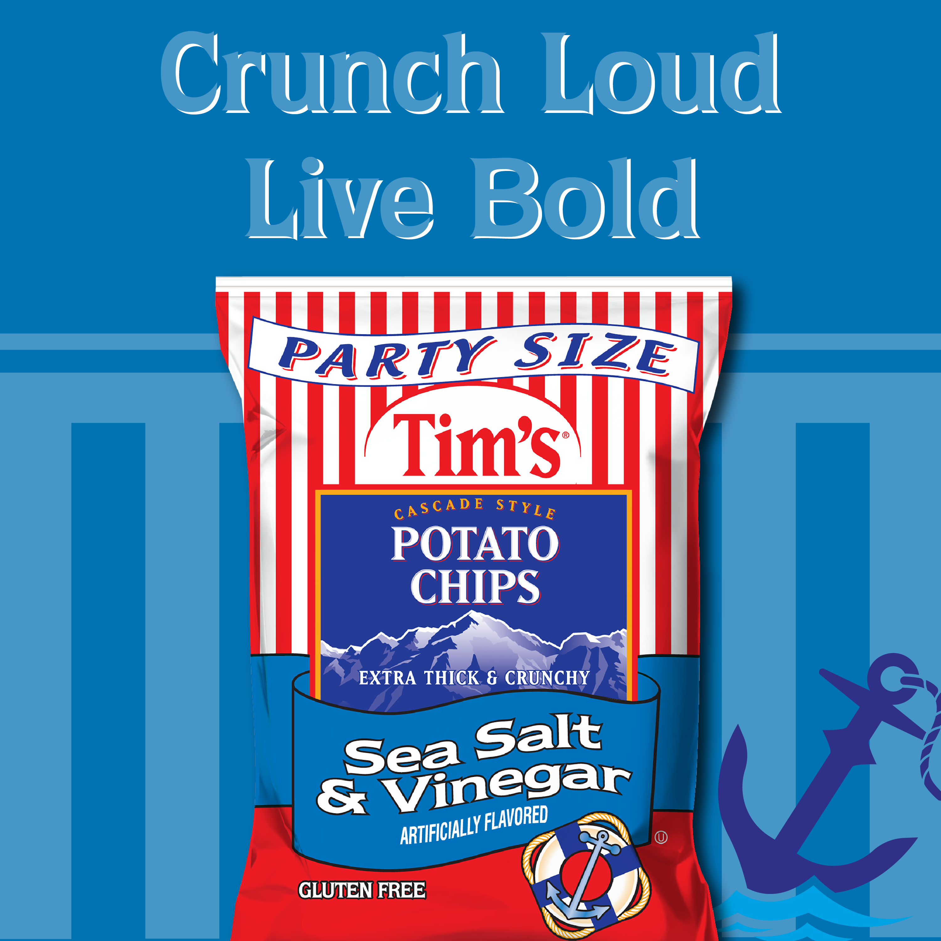 Tim's Party Size Potato Chips Sea Salt & Vinegar packet on a blue background with text 'Crunch Loud Live Bold'.