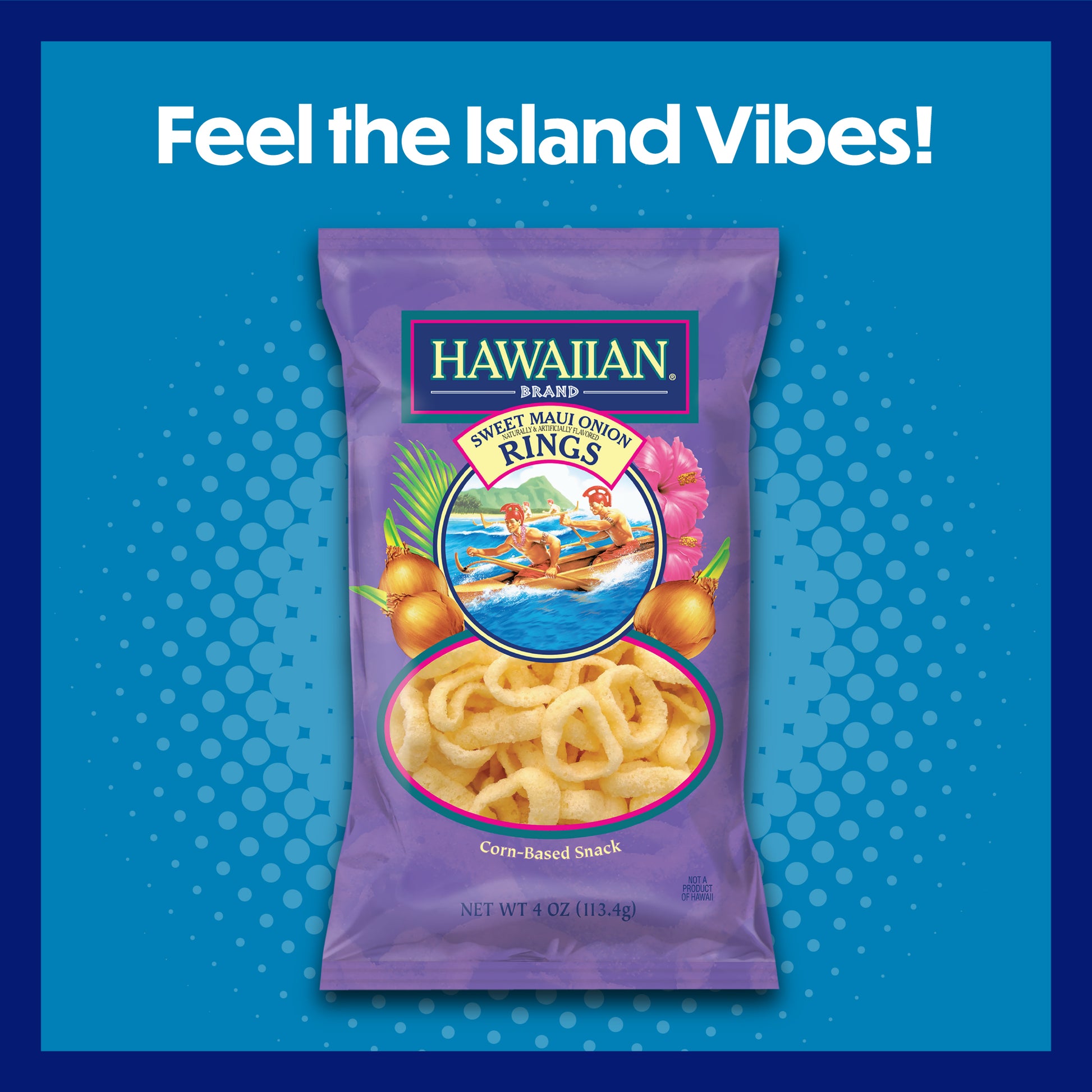 Hawaiian brand sweet Maui onion rings packaging on a blue background with text 'Feel the Island Vibes!'.