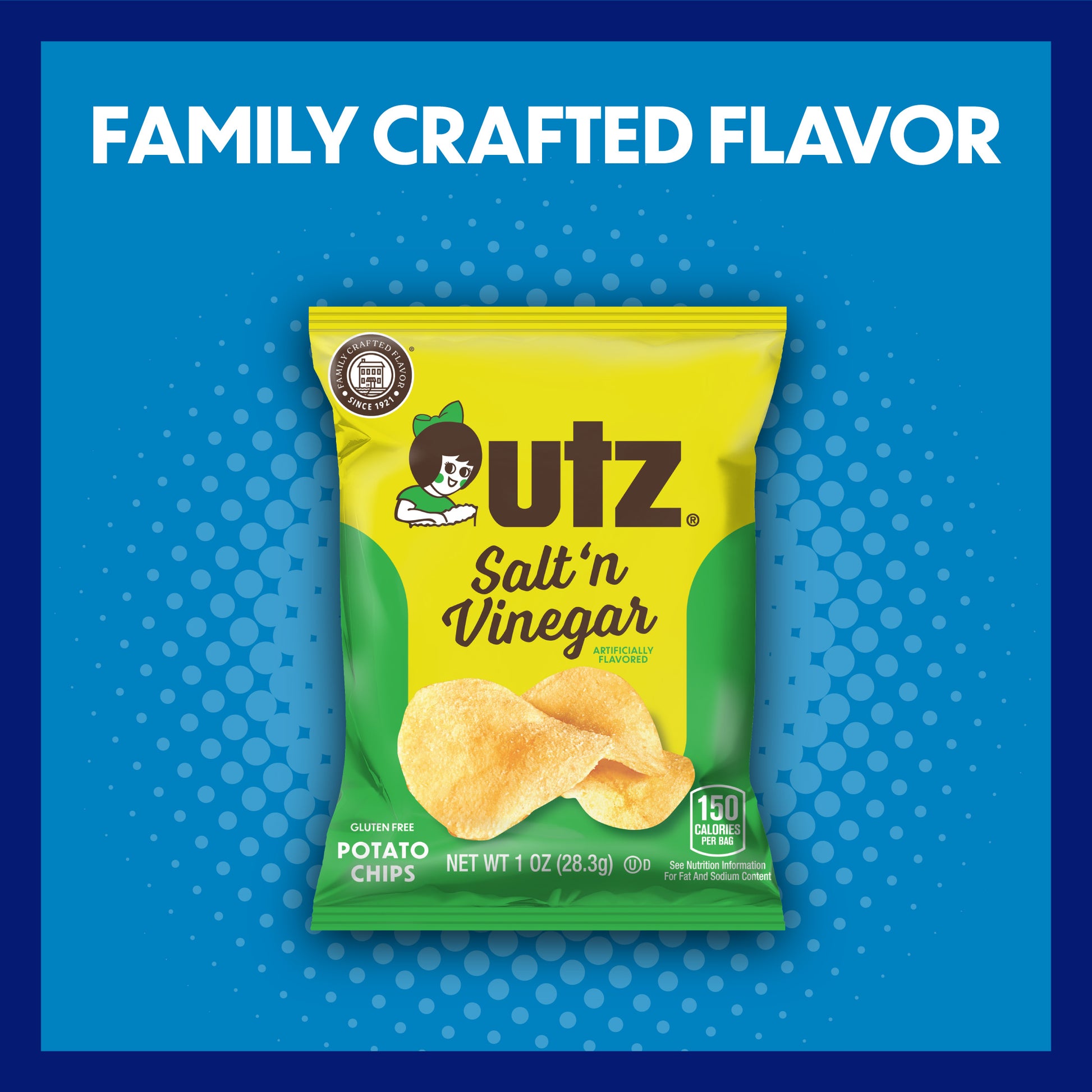 UTZ Salt 'n Vinegar potato chips packaging on a blue background with text 'Family Crafted Flavor'.