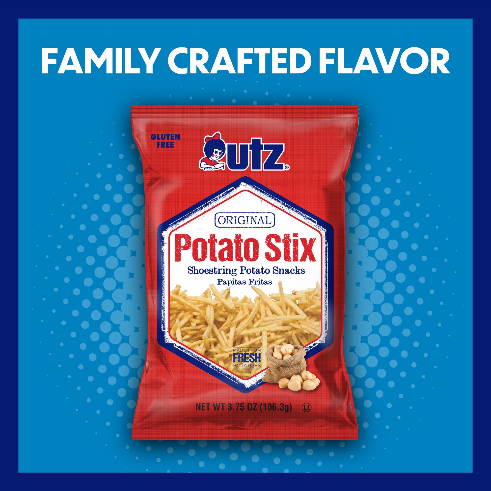 UTZ Potato Stix packaging on a blue background with text 'Family Crafted Flavor'.