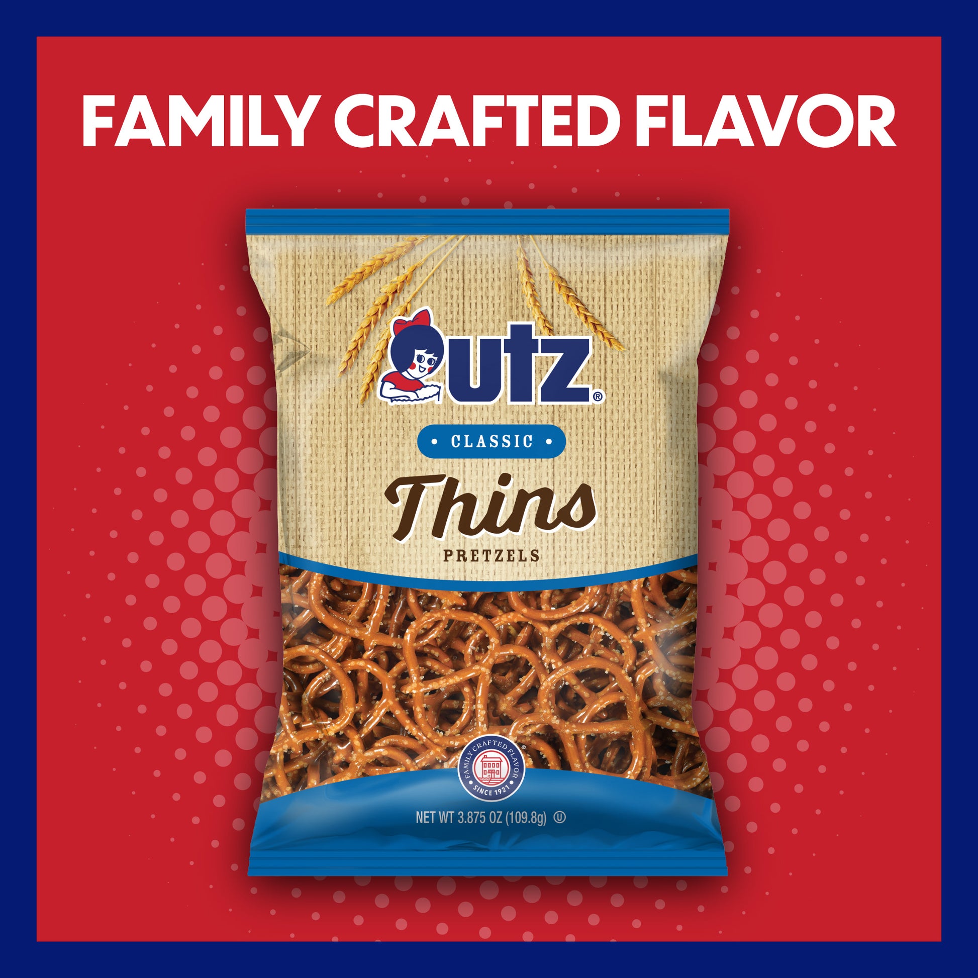 UTZ Classic Thins Pretzels packaging on a red background with 'Family Crafted Flavor' text.