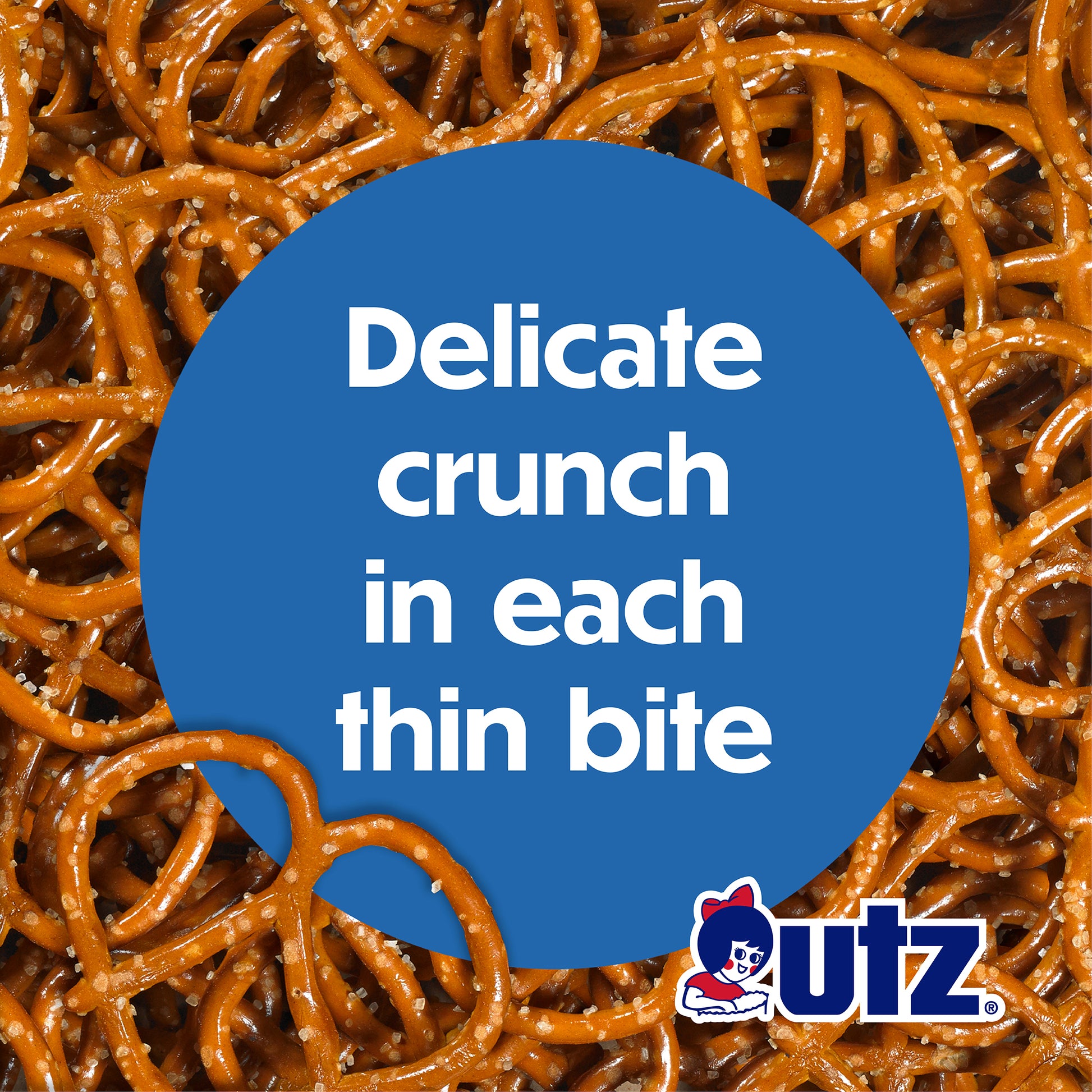 Close-up of Utz pretzels with a blue circle and text overlay.