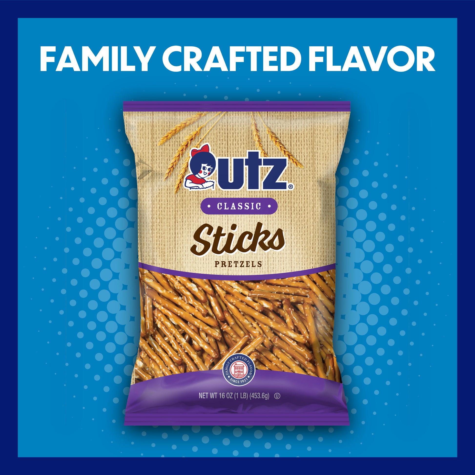 Utz Classic Sticks Pretzels packaging on a blue background with 'Family Crafted Flavor' text.