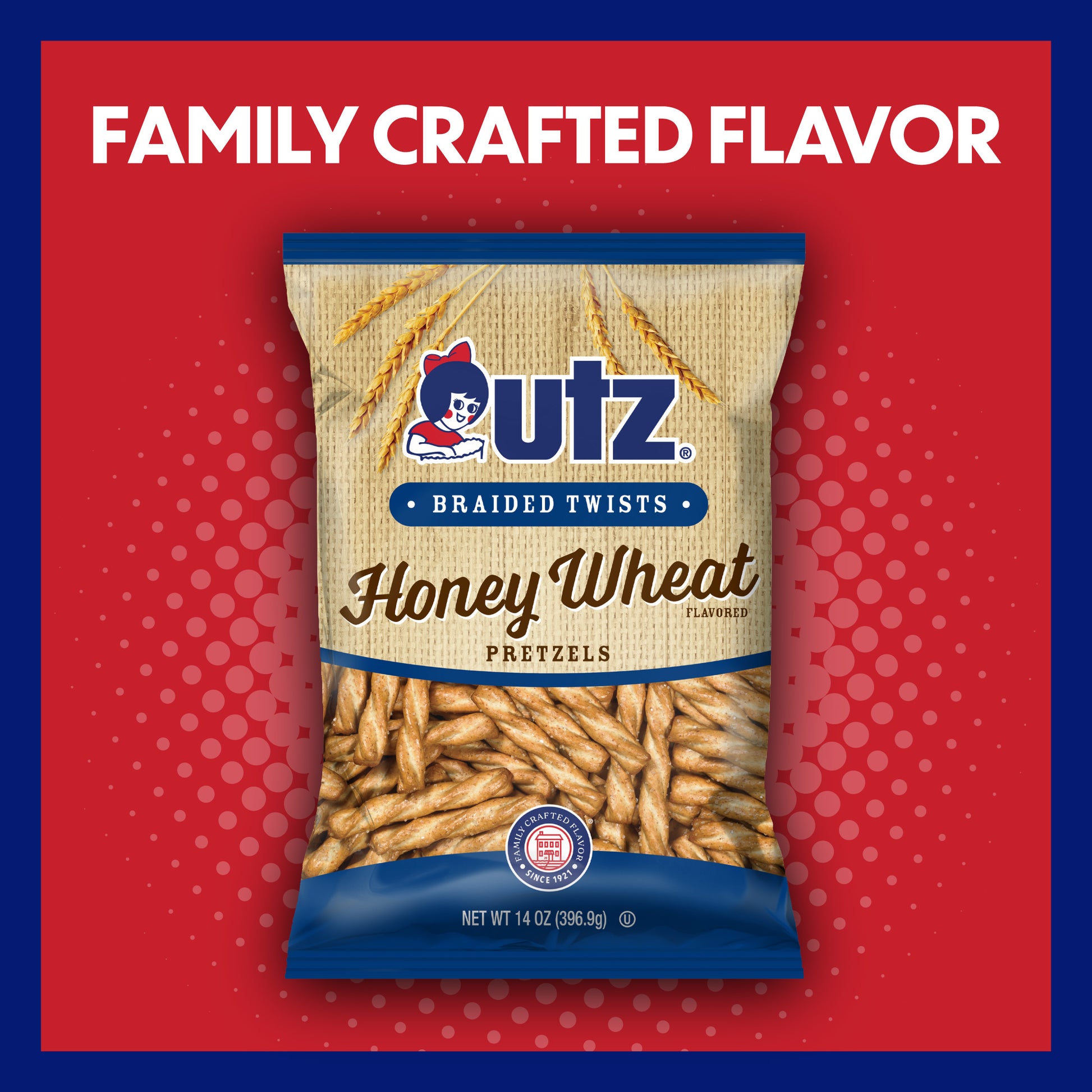 UTZ Honey Wheat pretzel package on a red background with 'Family Crafted Flavor' text.