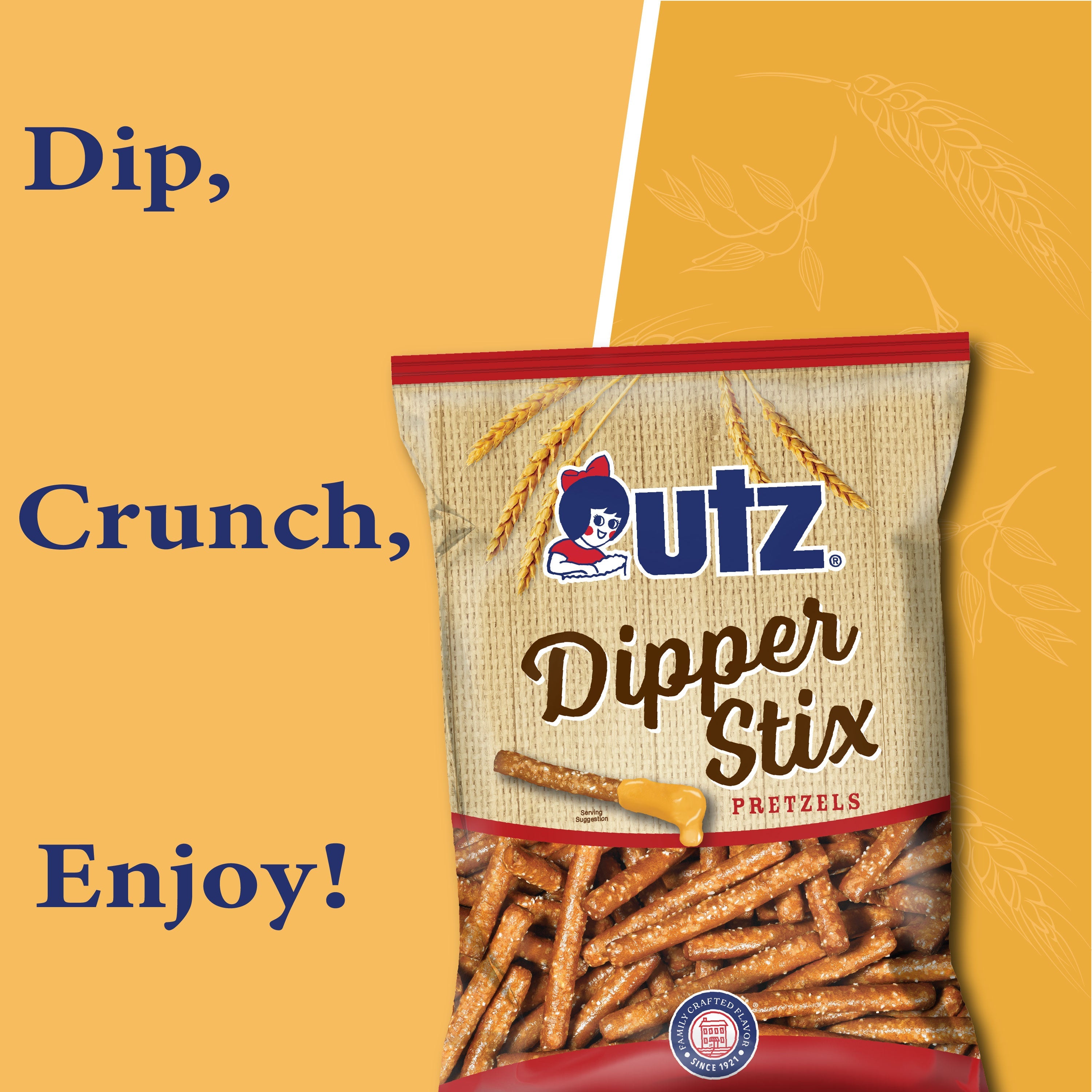 Utz Dipper Stix Pretzels packaging on a yellow background with text 'Dip, Crunch, Enjoy!'.