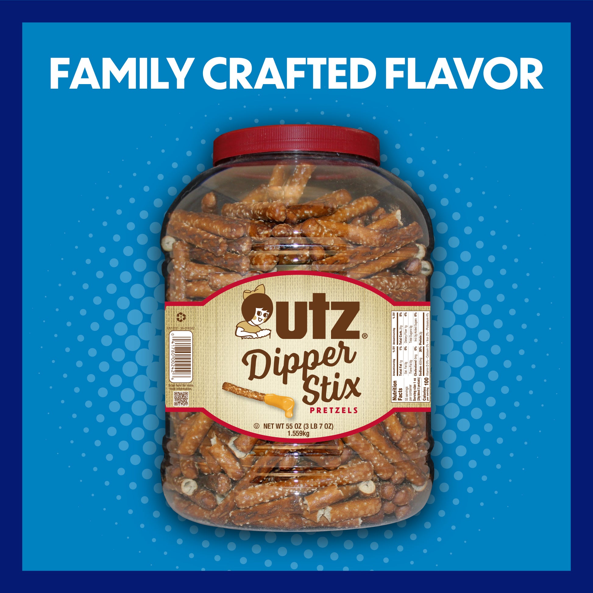 Jar of Outz Dipper Stix pretzels with a blue background and text 'Family Crafted Flavor'.