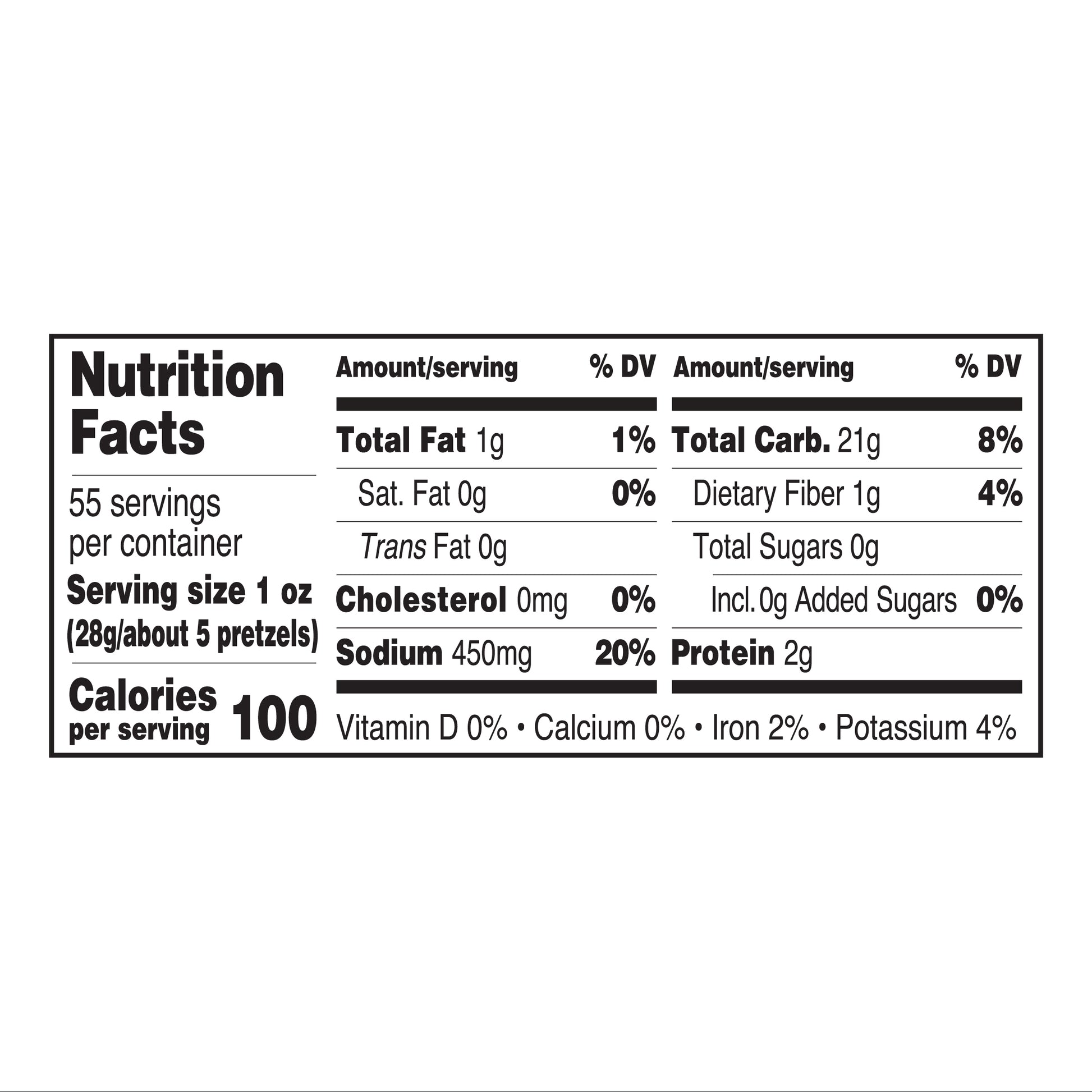 Nutrition label for Utz Dipper Stix Pretzels: Serving size is 1 oz (28g or about 5 pretzels), providing 100 calories, 1g fat, 450mg sodium, 21g carbs, 1g fiber, 0g sugars, and 2g protein per serving. Approximately 55 servings per container.