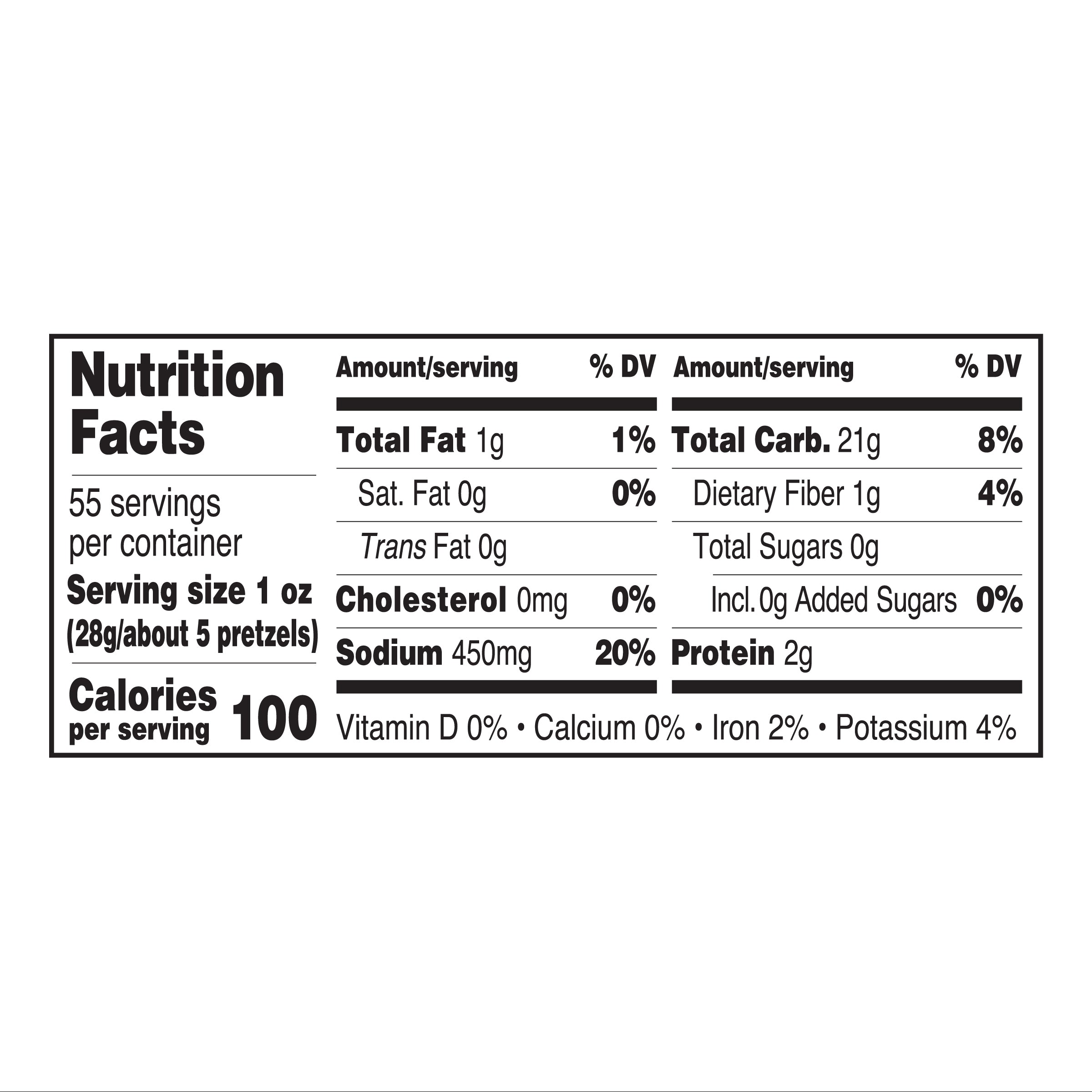 Nutrition label for Utz Dipper Stix Pretzels: Serving size is 1 oz (28g or about 5 pretzels), providing 100 calories, 1g fat, 450mg sodium, 21g carbs, 1g fiber, 0g sugars, and 2g protein per serving. Approximately 55 servings per container.