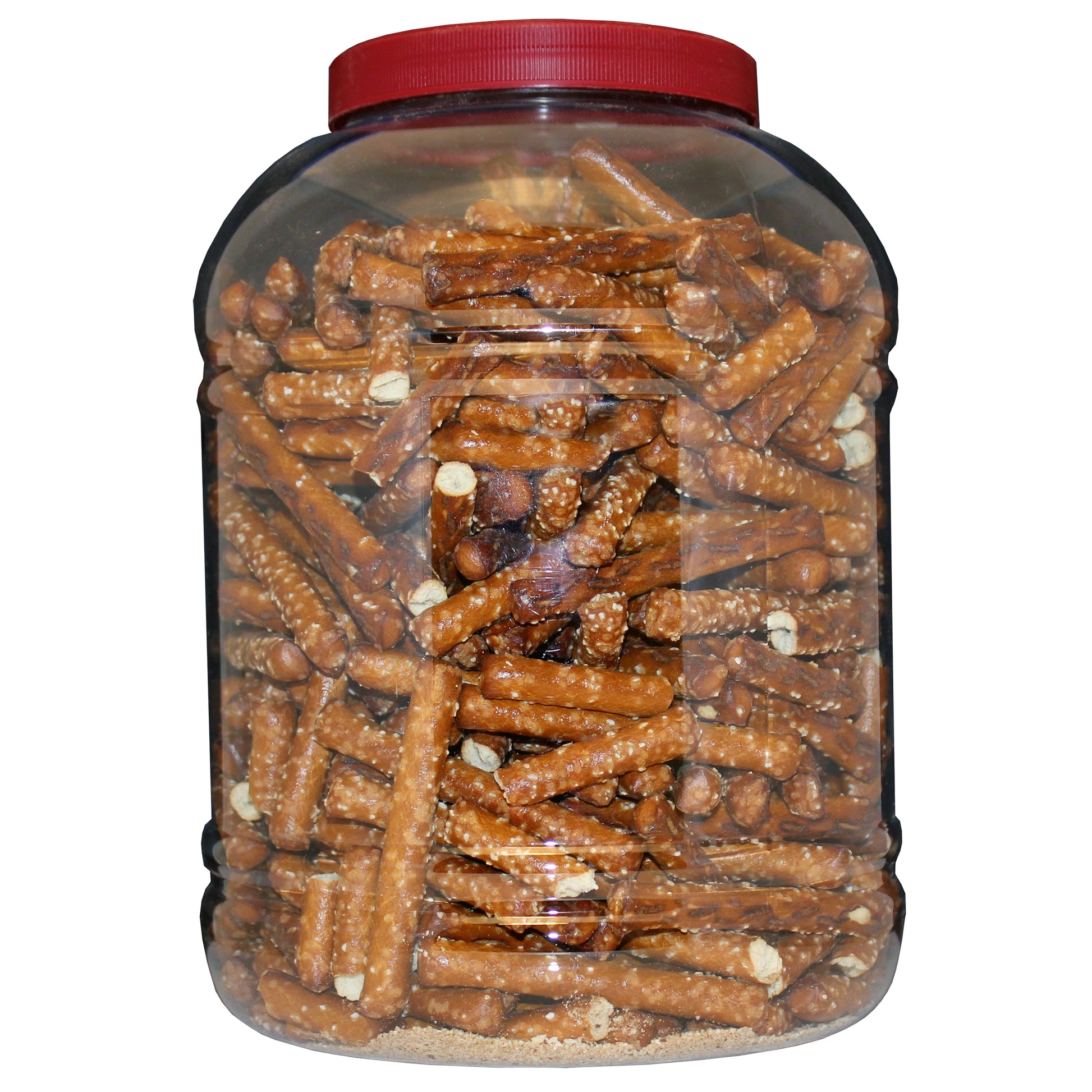 A large, clear plastic container filled with Utz Dipper Stix Pretzels, showing salted pretzel sticks densely packed inside. The container has a red lid, and the pretzel sticks are visible through the transparent packaging, highlighting their texture and salt crystals.