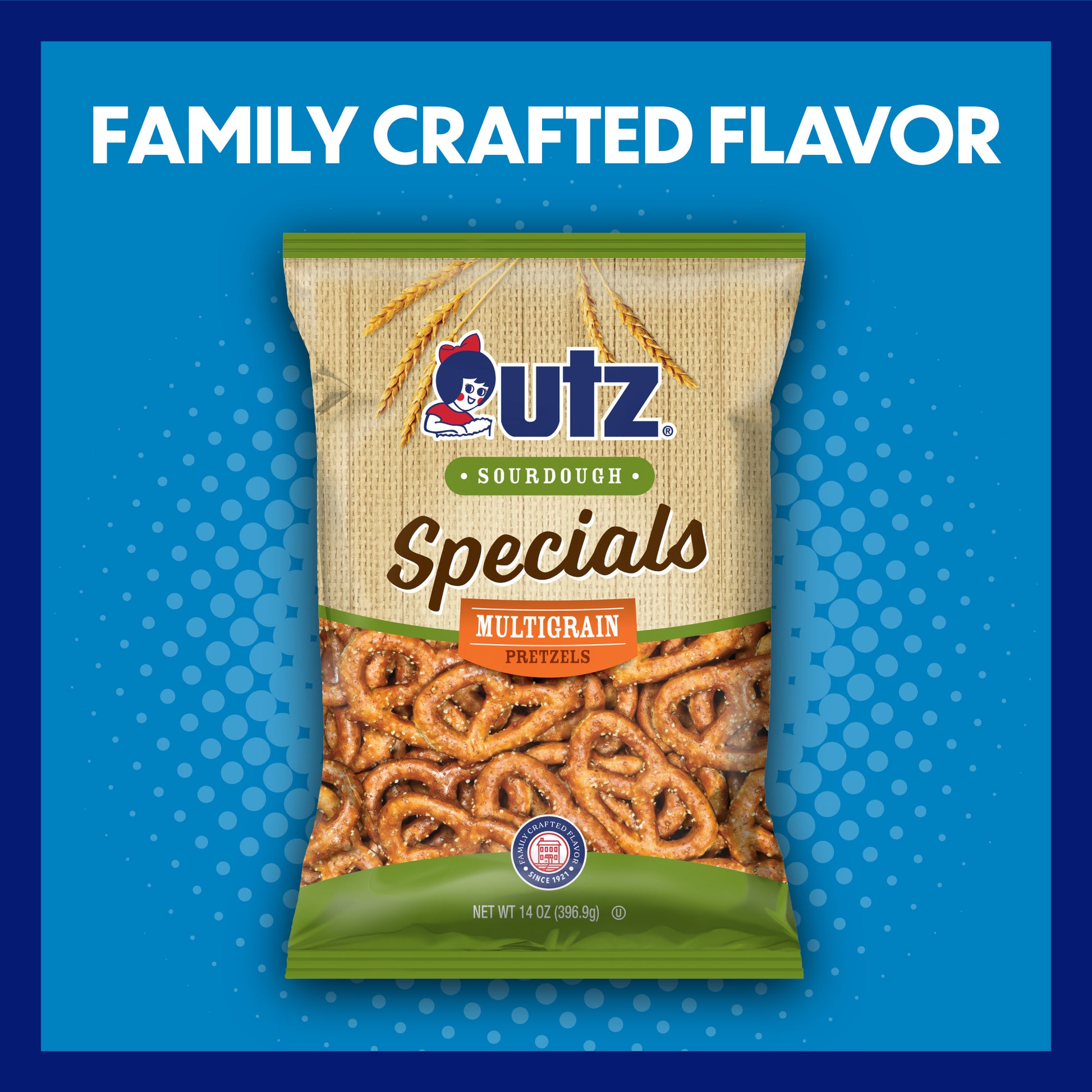 UTZ Specials Multigrain Pretzels packaging on a blue background with text 'Family Crafted Flavor'.