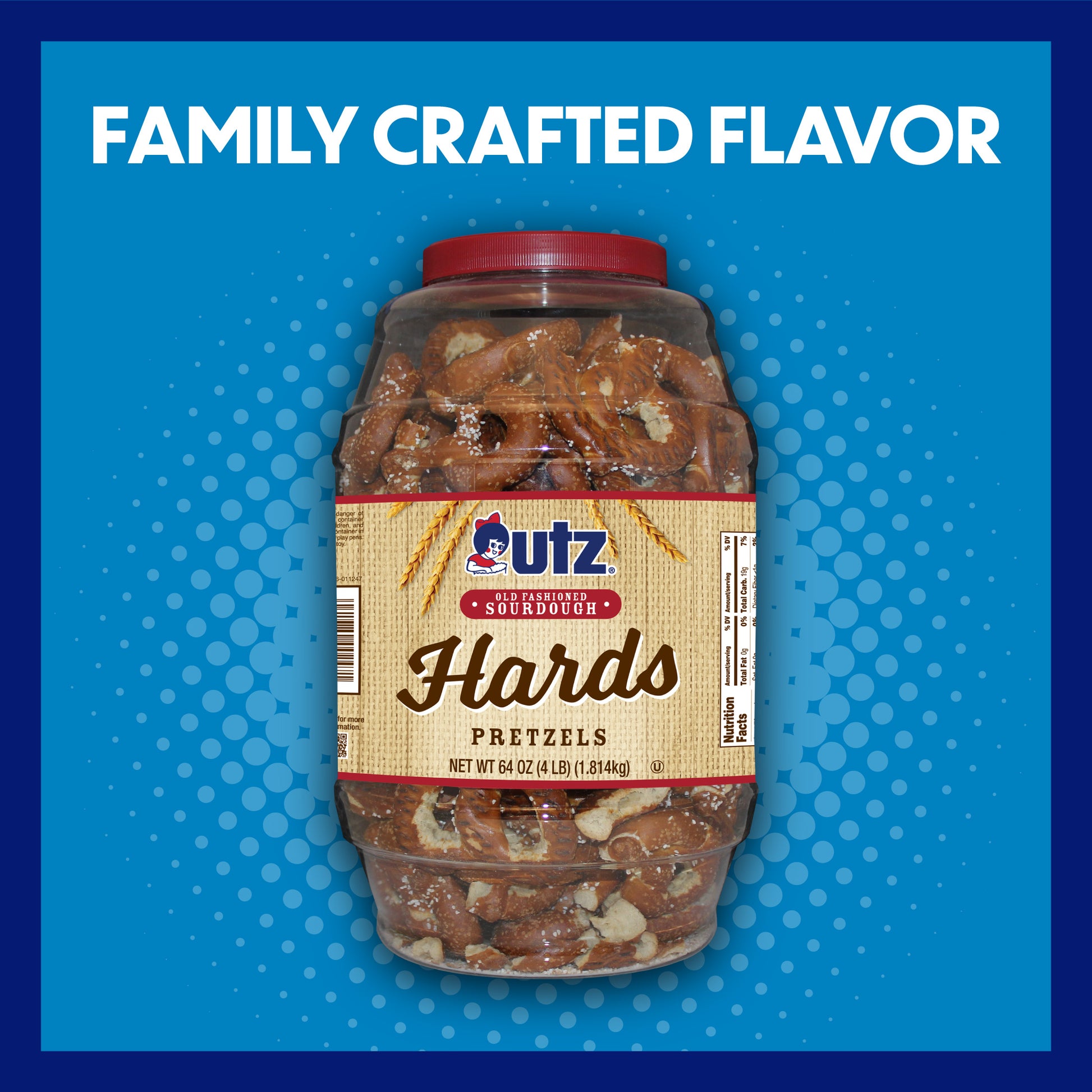 Jar of Utz Hards Pretzels on a blue background with 'Family Crafted Flavor' text.