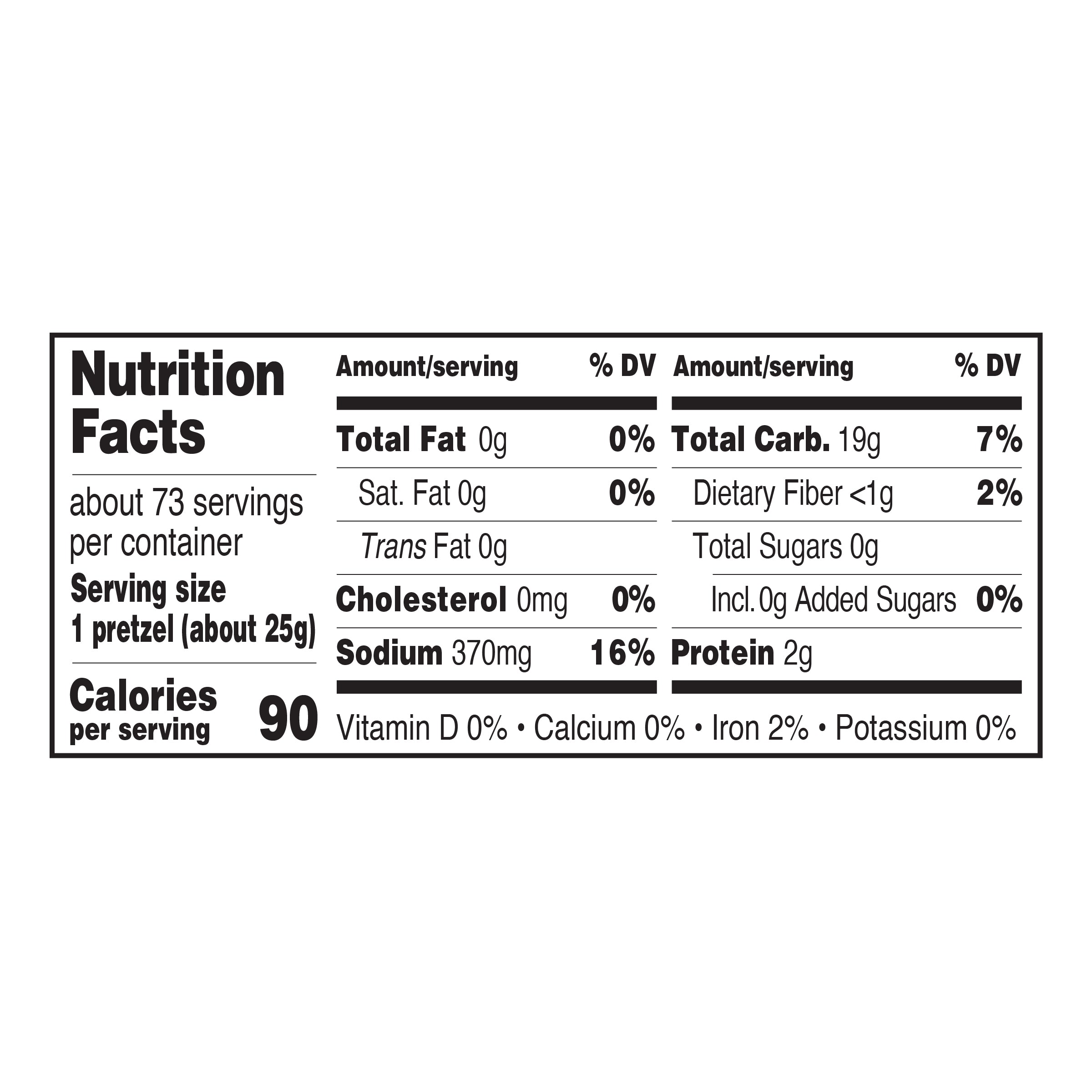 Nutrition Facts label showing details for a single pretzel (about 25g) with 90 calories per serving. Contains 0g total fat (0% DV), 0mg cholesterol (0% DV), 370mg sodium (16% DV), 19g total carbohydrates (7% DV) with <1g dietary fiber (2% DV) and 0g total sugars. Includes 2g of protein. Lists 0% DV for Vitamin D, Calcium, and Potassium, and 2% DV for Iron. Approximately 73 servings per container.