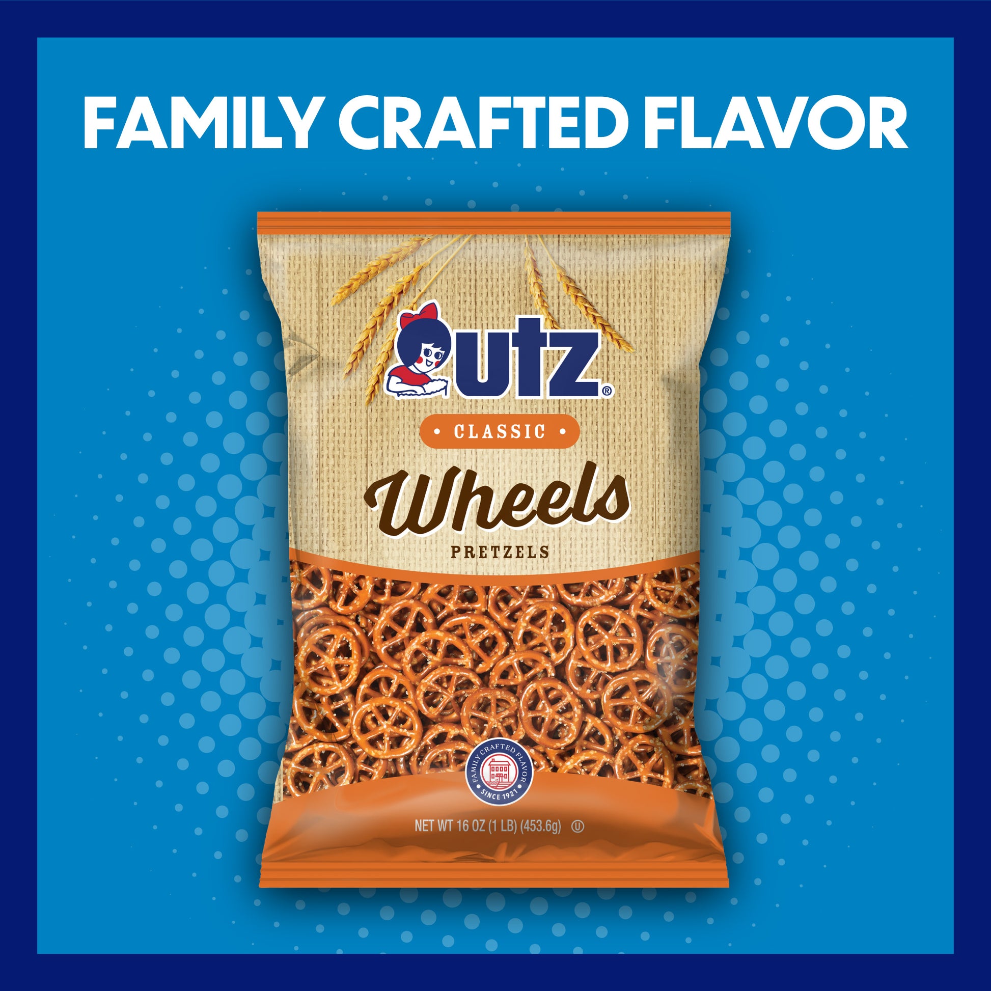 Utz Classic Wheels Pretzels package on a blue background with 'Family Crafted Flavor' text.