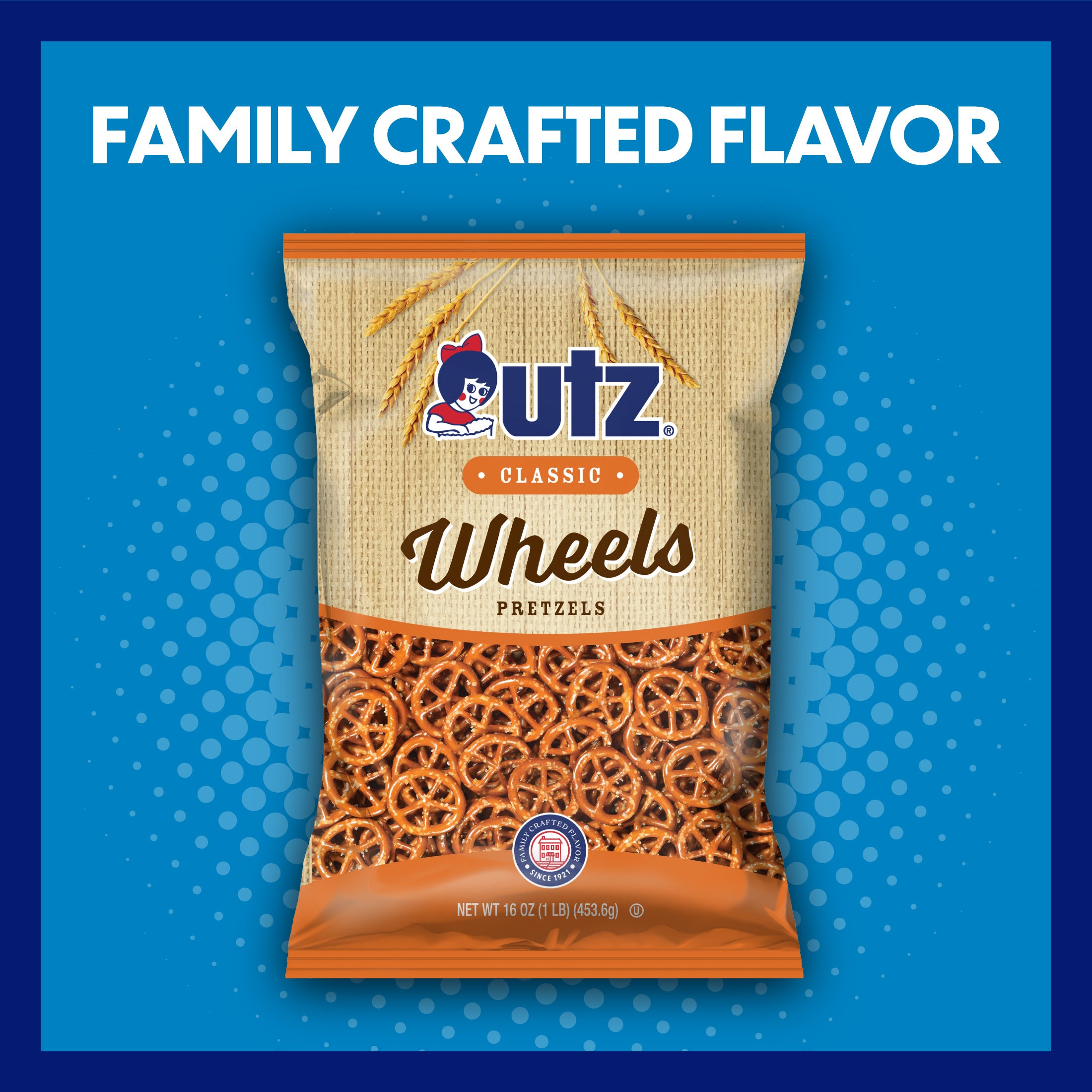 Utz Classic Wheels Pretzels package on a blue background with 'Family Crafted Flavor' text.