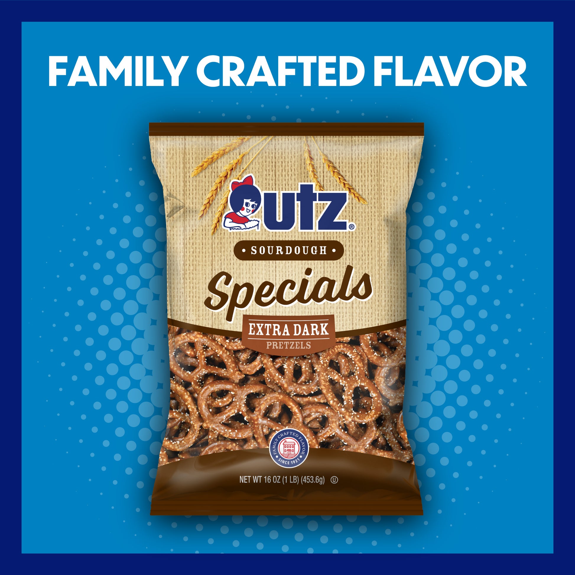 UTZ Sourdough Specials Extra Dark Pretzels packaging on a blue background with text 'Family Crafted Flavor'.