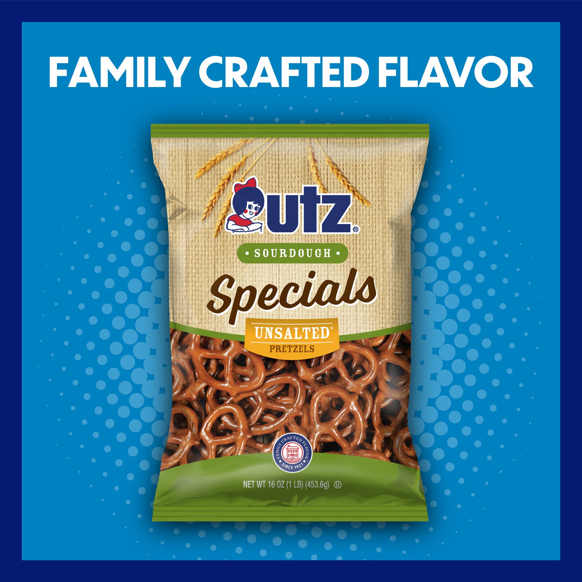 Utz Sourdough Specials Unsalted Pretzels packaging on a blue background with text 'Family Crafted Flavor'.