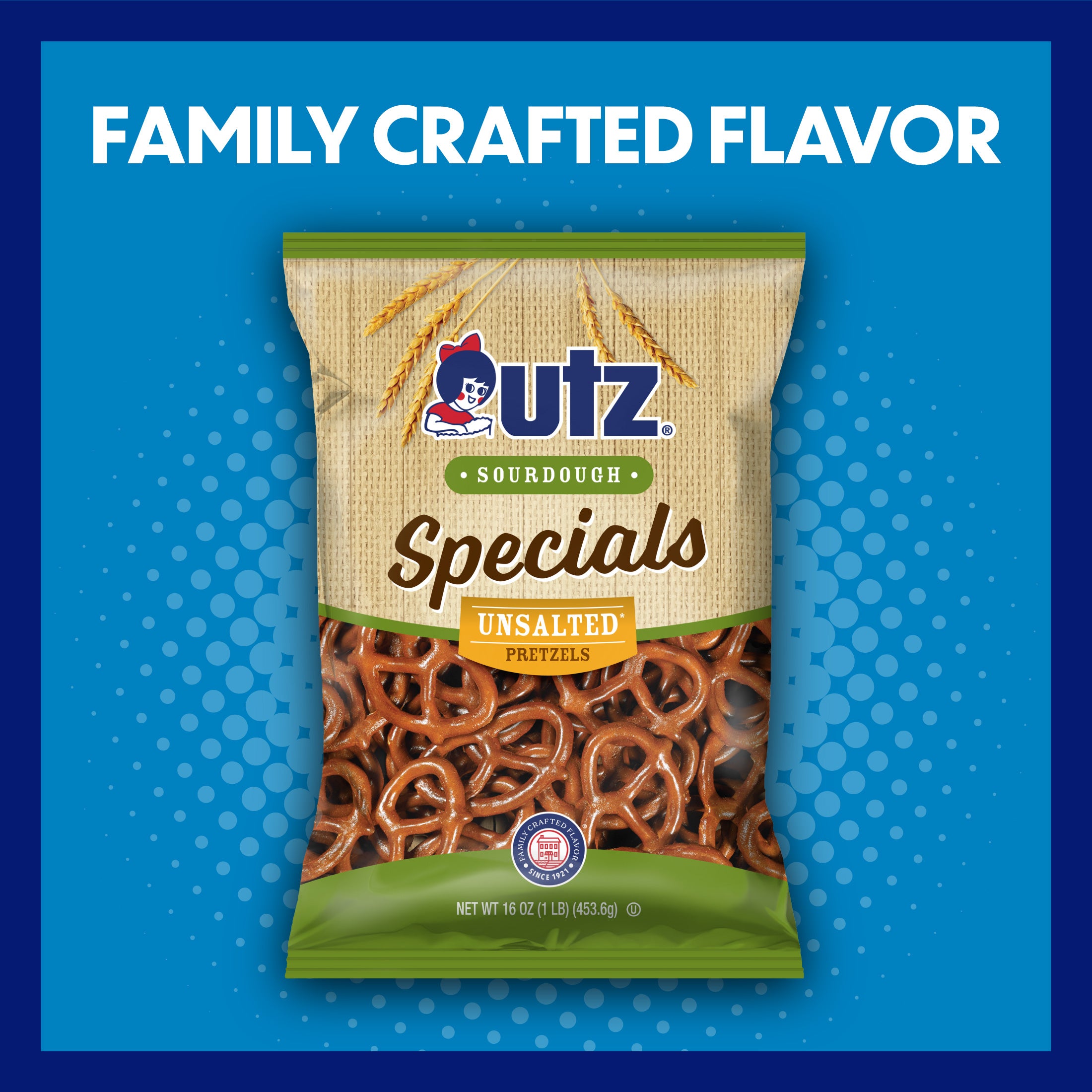 Utz Sourdough Specials Unsalted Pretzels packaging on a blue background with text 'Family Crafted Flavor'.