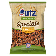 A 16 oz (1 lb) bag of Utz Sourdough Specials Unsalted Pretzels, featuring crunchy, unsalted pretzel twists. The packaging has a rustic burlap background with green accents and displays the Utz logo, along with a seal indicating "Handcrafted Flavor Since 1921."