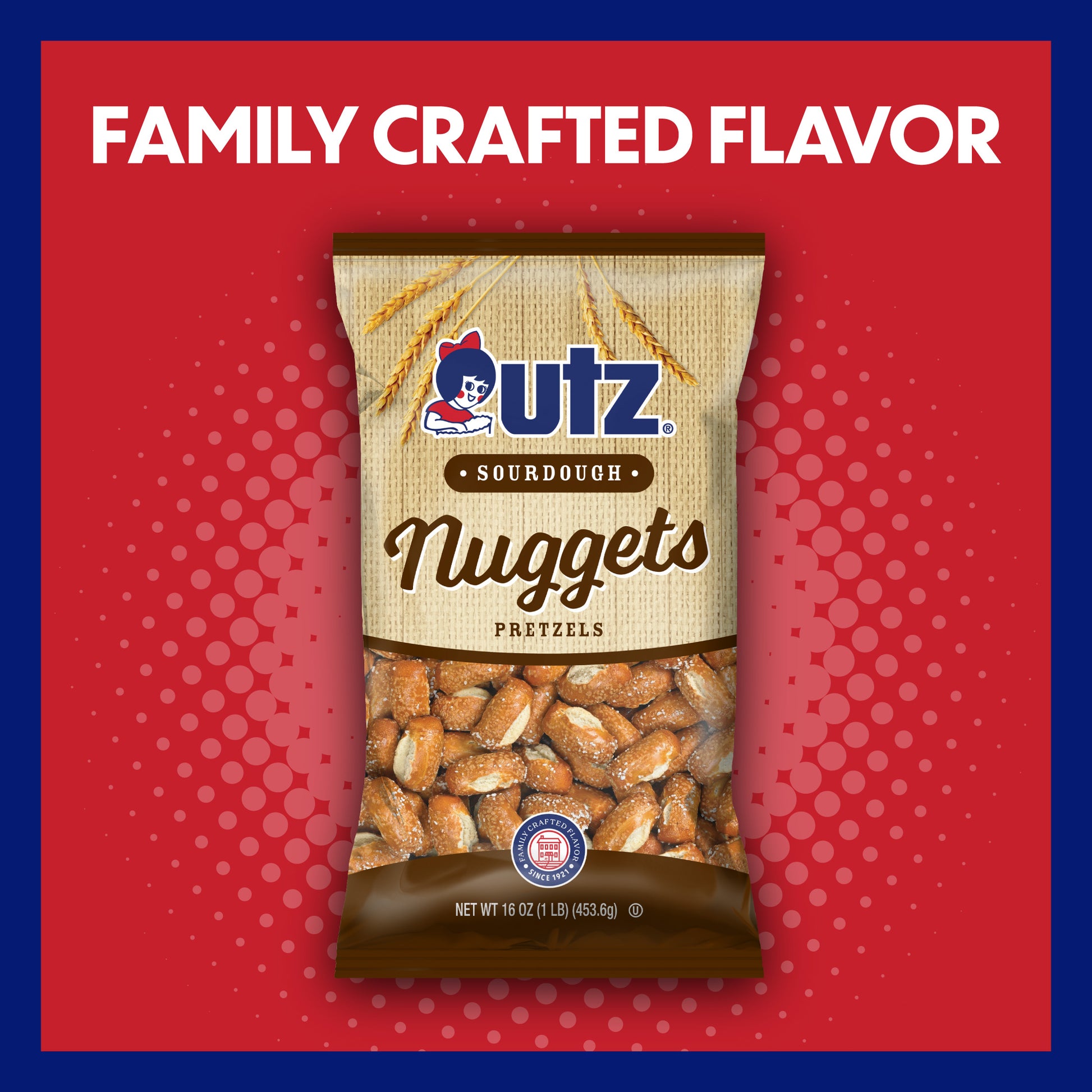 UTZ Sourdough Nuggets Pretzels packaging on a red background with 'Family Crafted Flavor' text.