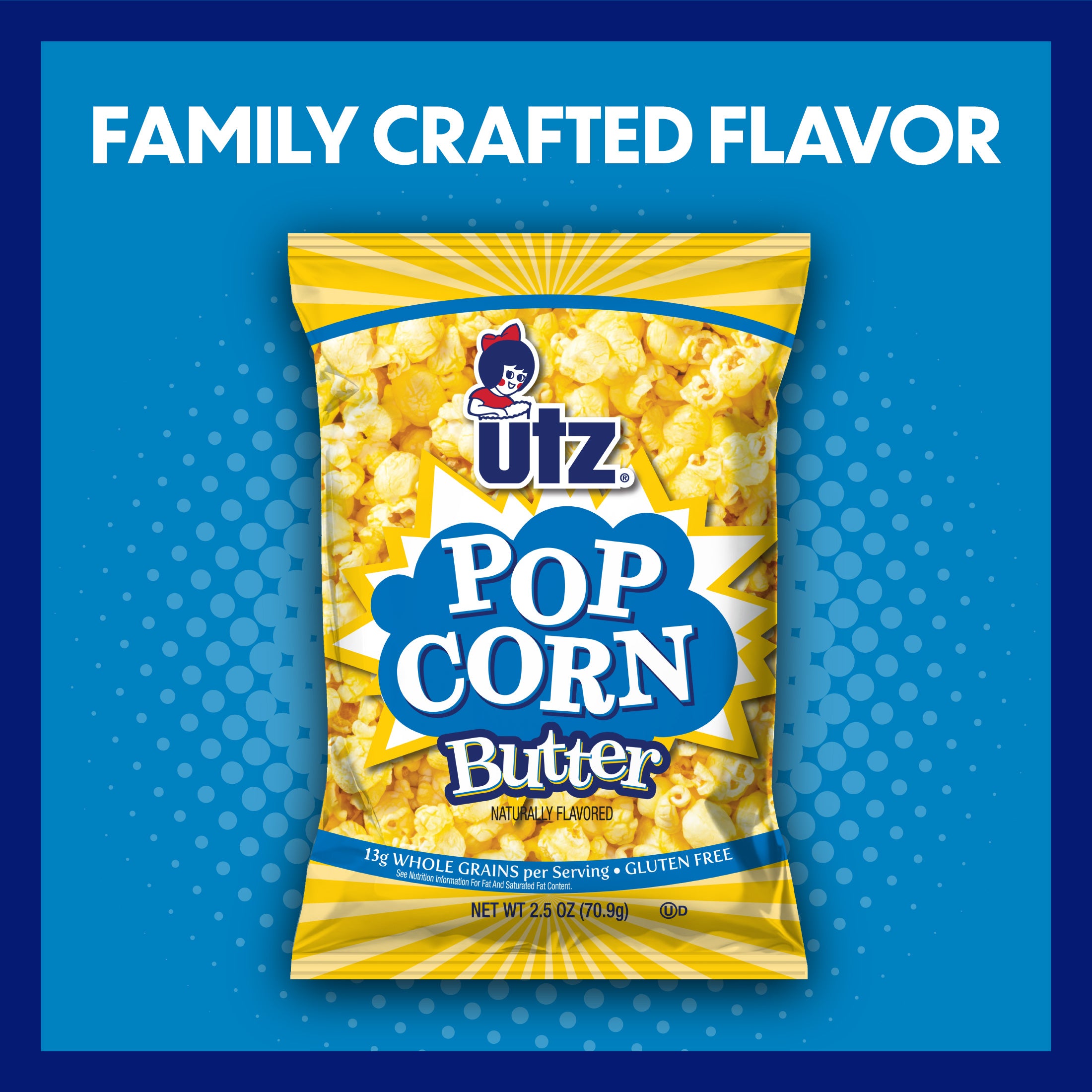 Utz Pop Corn Butter package on a blue background with text 'Family Crafted Flavor'.