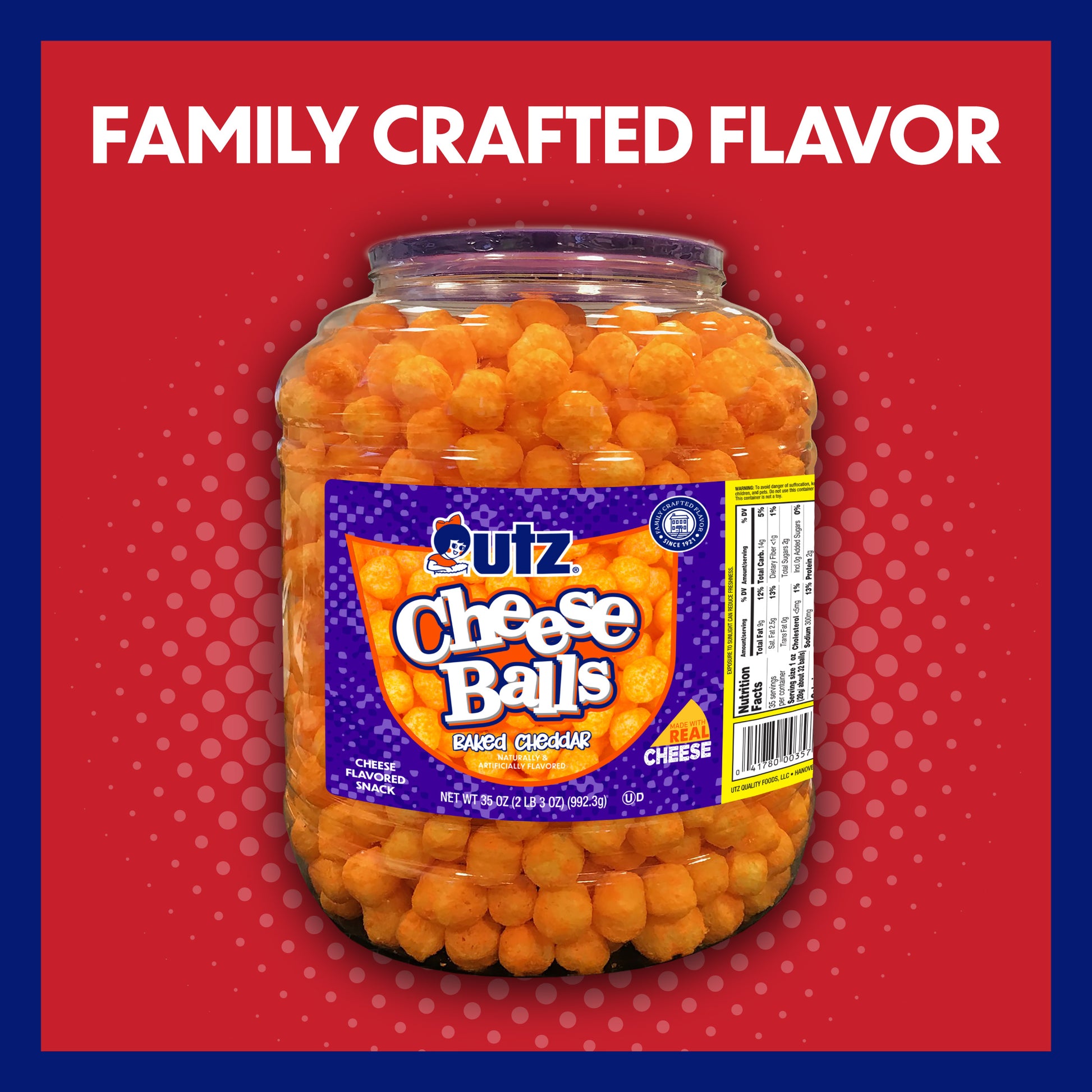 Jar of Fritz Cheese Balls with a red background and text 'Family Crafted Flavor'.