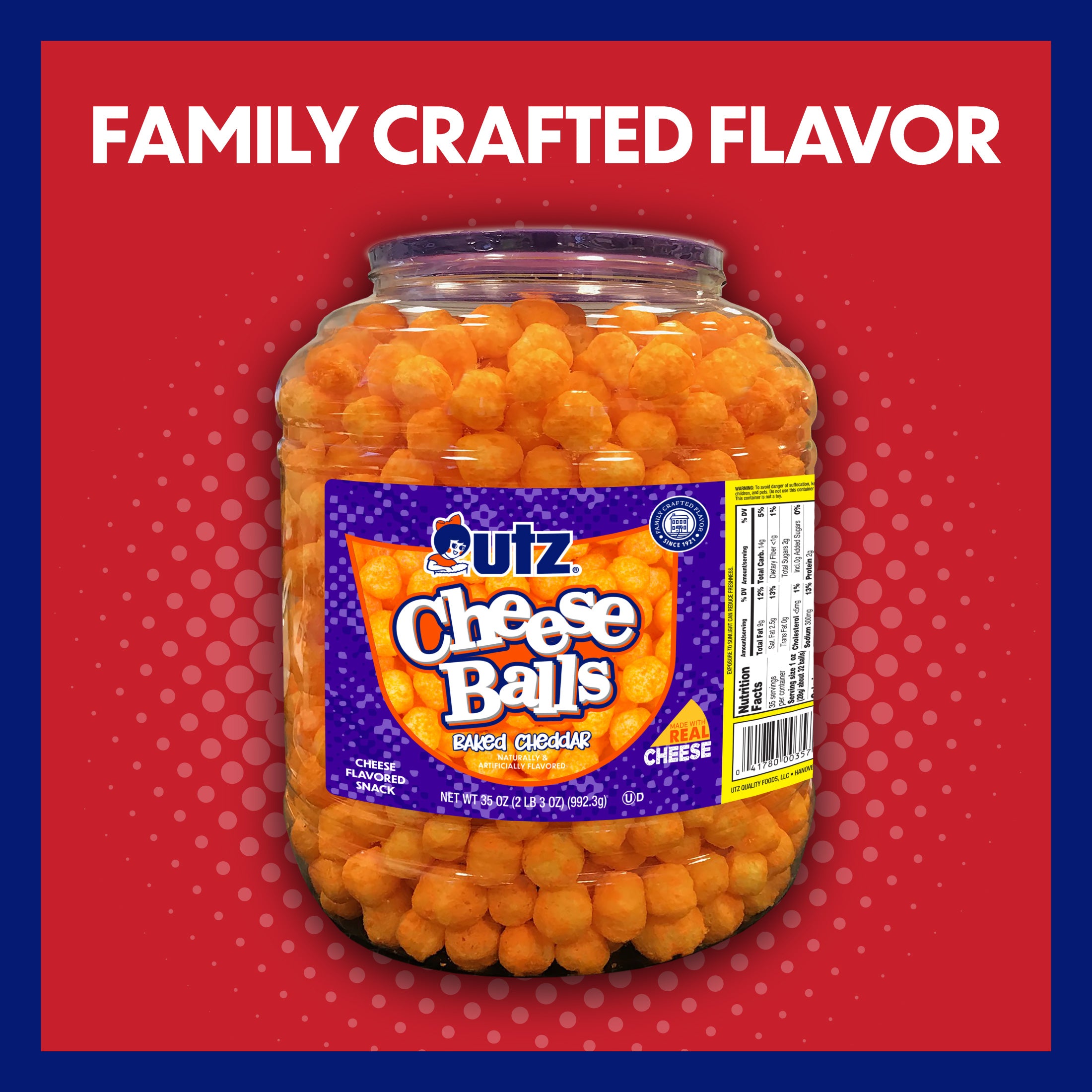Jar of Fritz Cheese Balls with a red background and text 'Family Crafted Flavor'.