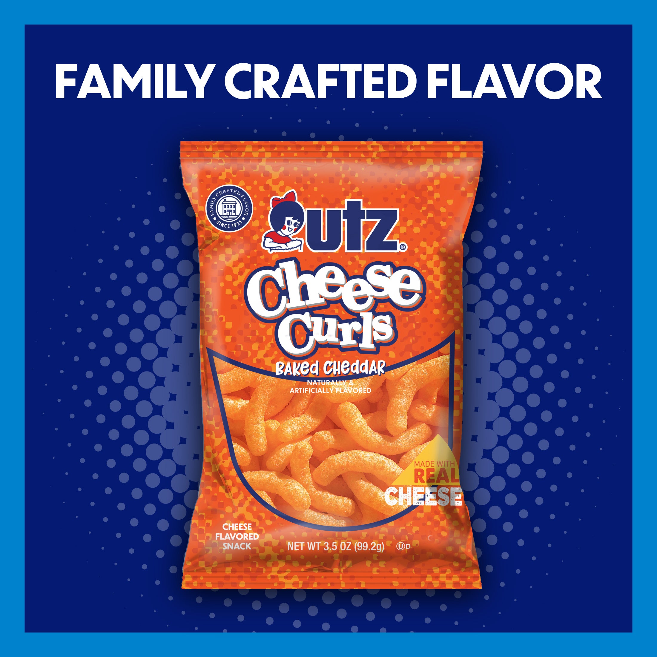 Utz Cheese Curls snack package on a blue background with text about family crafted flavor.