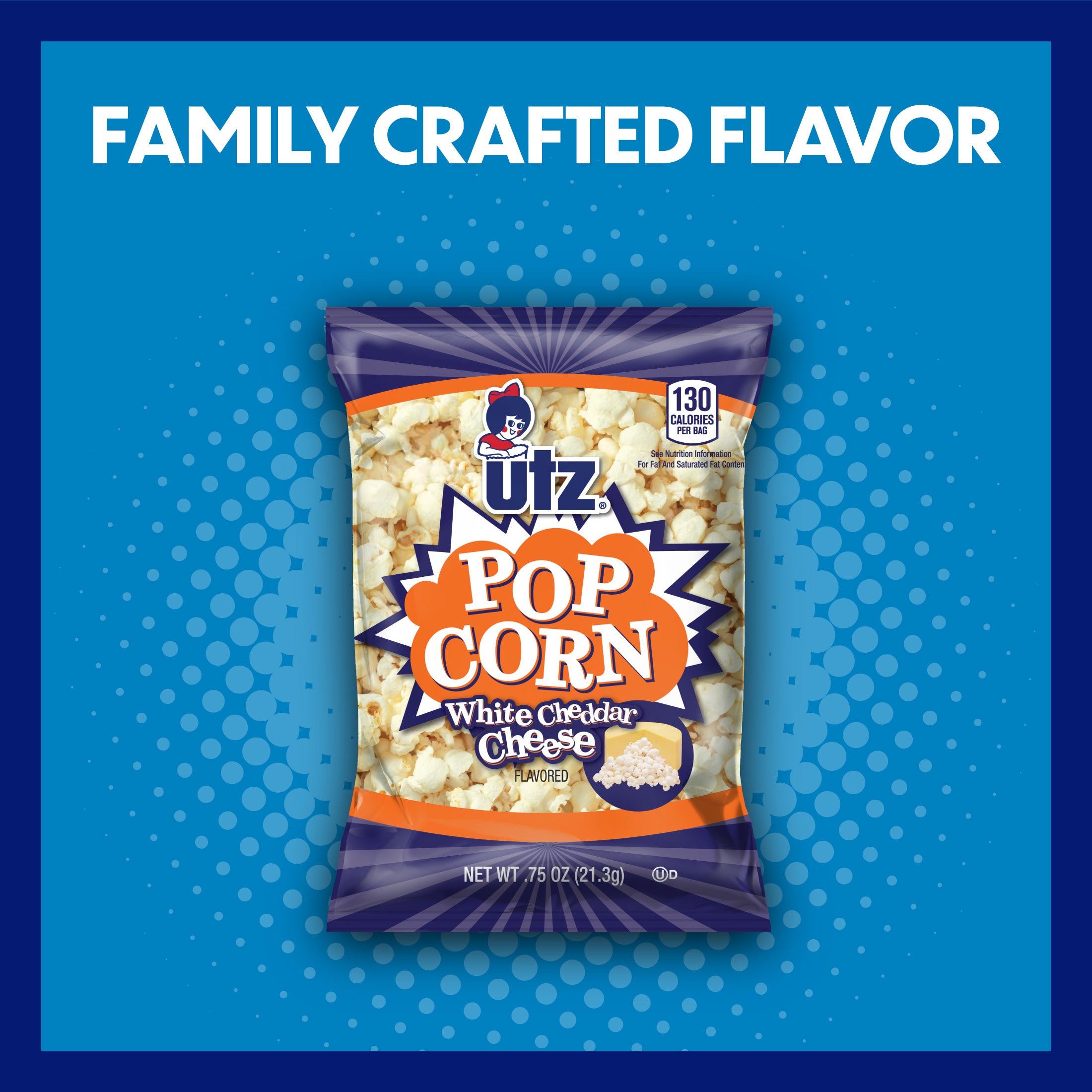 Utz Pop Corn White Cheddar Cheese flavor packet on a blue background with text 'Family Crafted Flavor'.