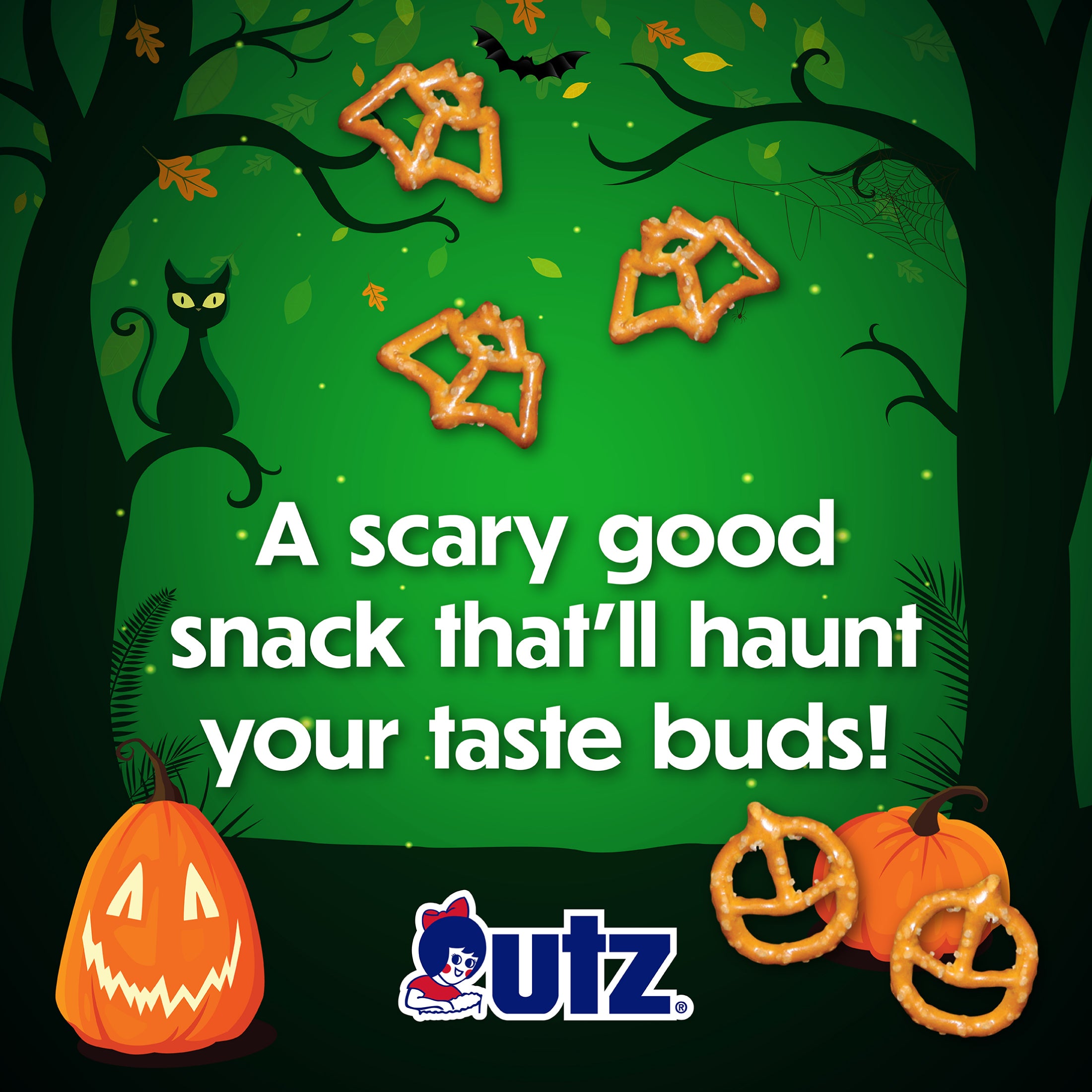 Halloween-themed snack advertisement with pretzels, pumpkins, and a cat on a green background. Utz logo visible.