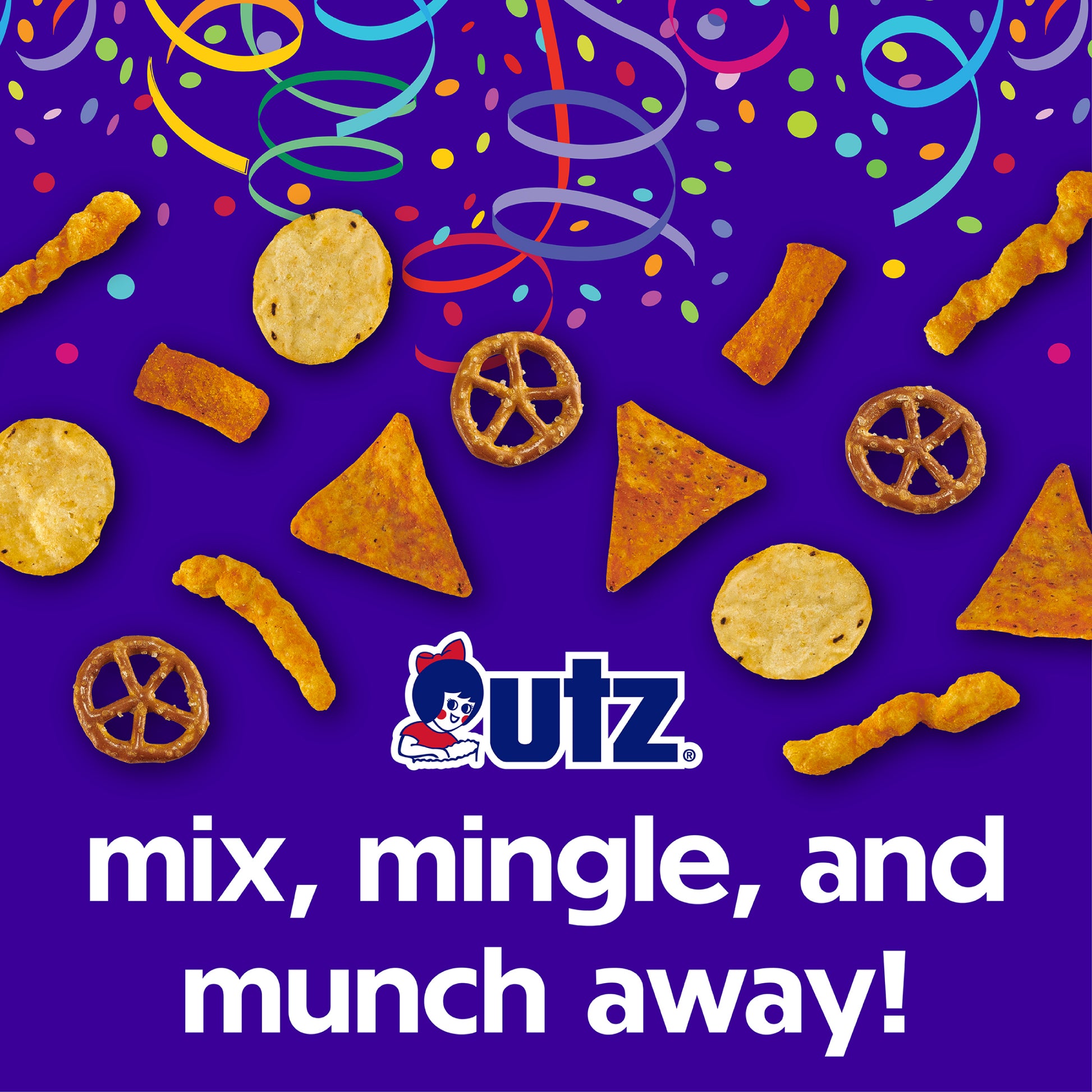 A festive promotional image for Utz Party Mix on a purple background with colorful confetti and streamers. Various snacks from the mix, including pretzel wheels, tortilla chips, and cheese crunchies, are scattered across the image. The Utz logo is displayed with the text "mix, mingle, and munch away!"