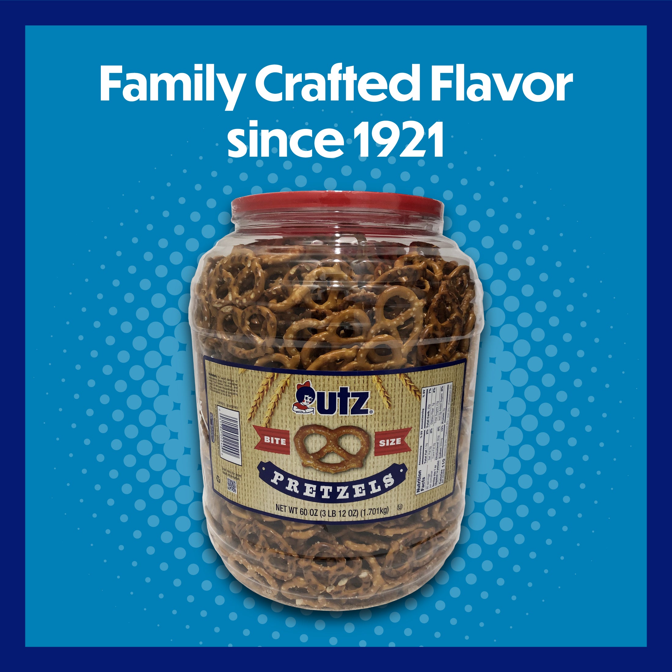Jar of Utz pretzels with a blue background and text about family craft flavor since 1921.
