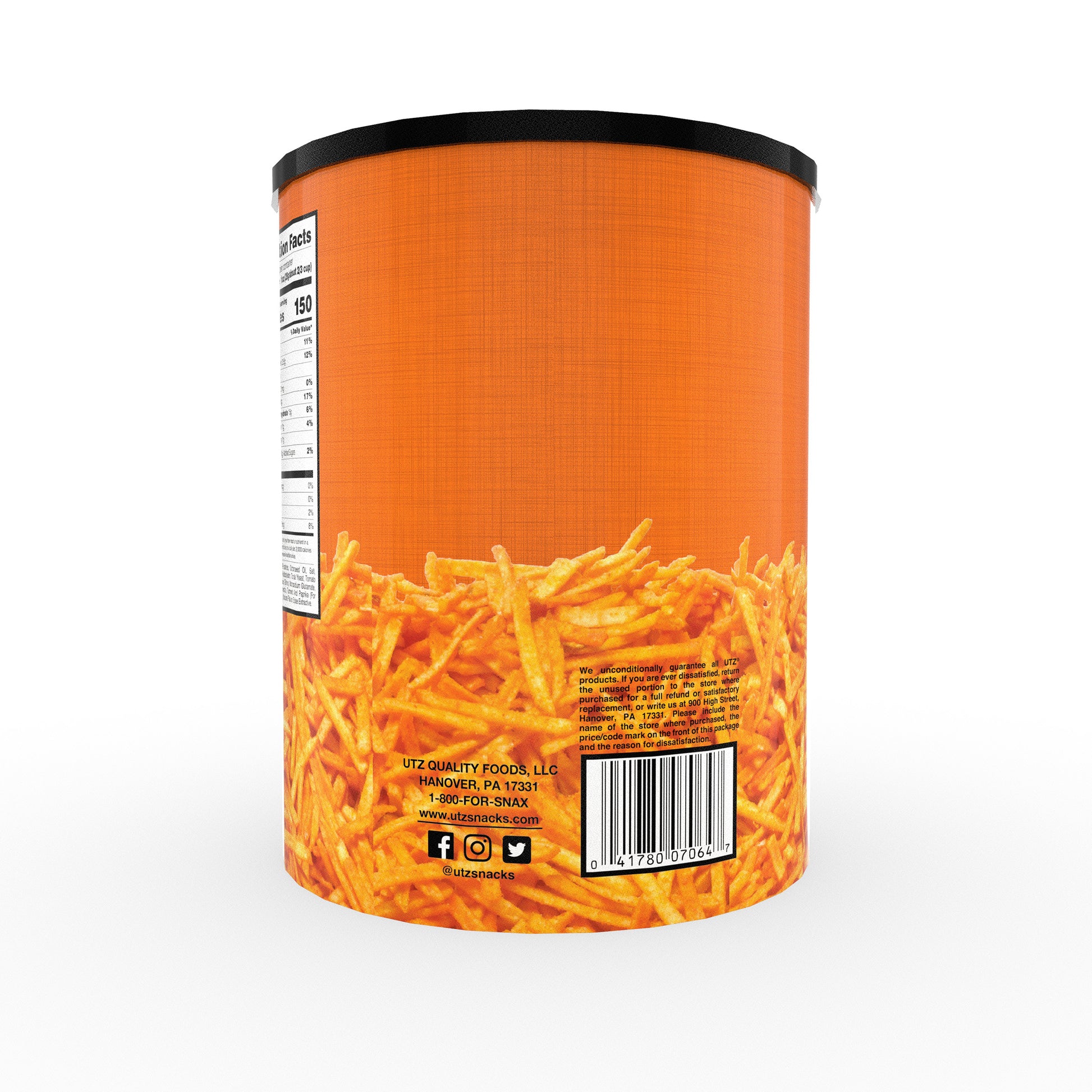 Back view of an orange canister with a black lid, featuring an image of potato sticks at the bottom. Includes a barcode, company information for Utz Quality Foods, LLC, and social media icons. Part of the Nutrition Facts label is visible on the side.