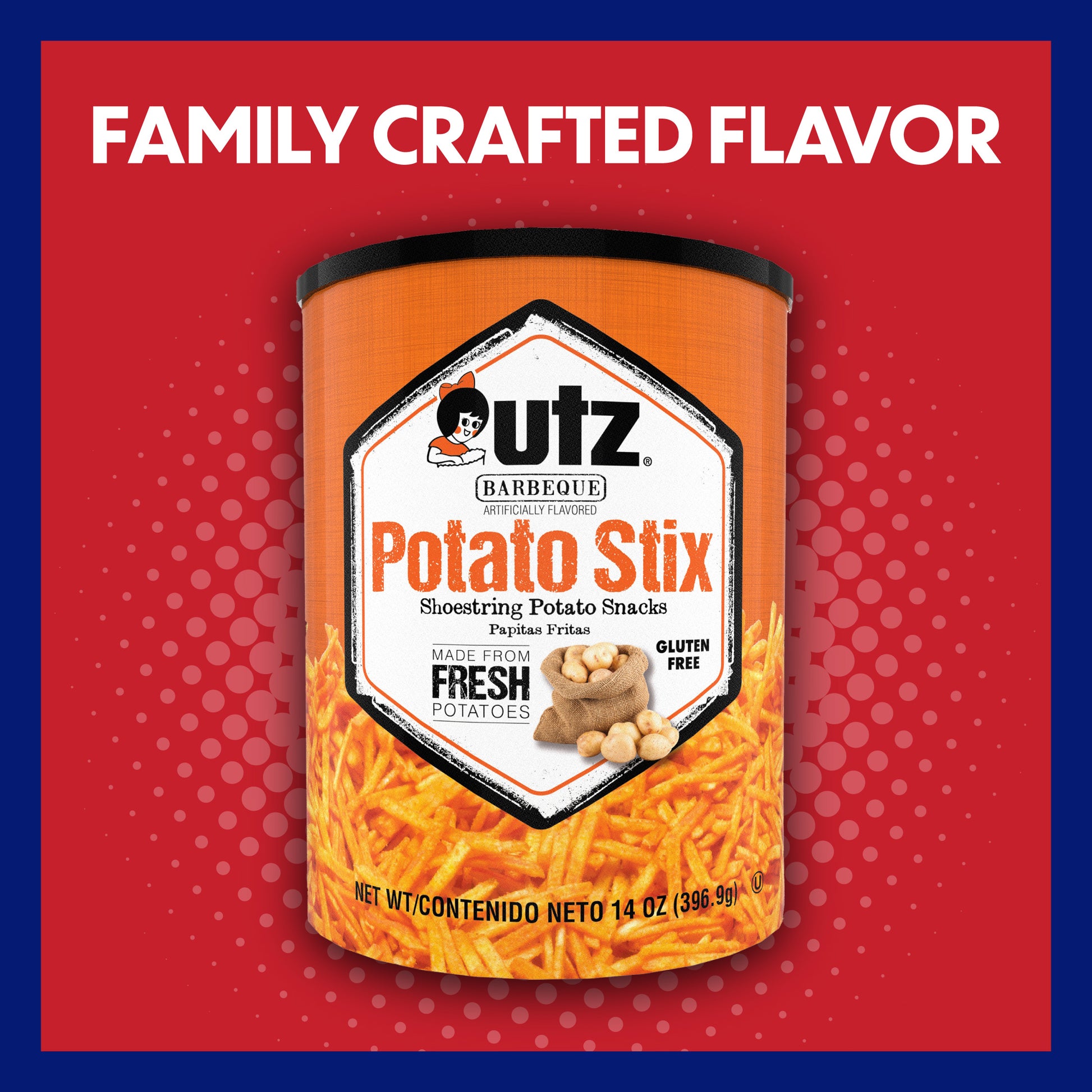 Can of Utz Potato Stix on a red background with text 'Family Crafted Flavor'.