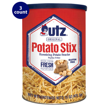 Front view of a 15 oz canister of Utz Original Potato Stix, labeled '3 count' at the top left. The canister features red and white branding, with text that reads 'Shoestring Potato Snacks,' 'Made from Fresh Potatoes,' and 'Gluten Free.' The bottom of the label shows an image of potato sticks.