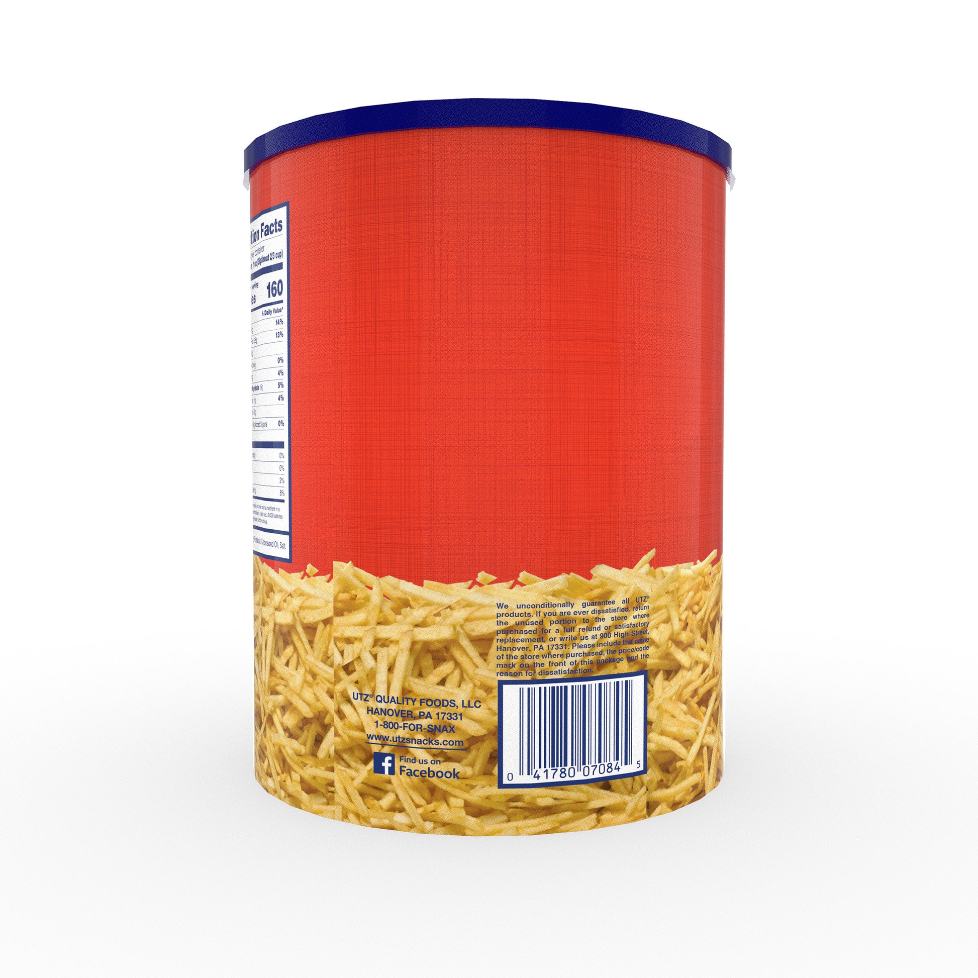 Back view of a cylindrical container with a red label and blue lid. The bottom of the label shows an image of potato sticks. Includes a barcode, company contact information (Utz Quality Foods, LLC), and a small section of the Nutrition Facts on the side.