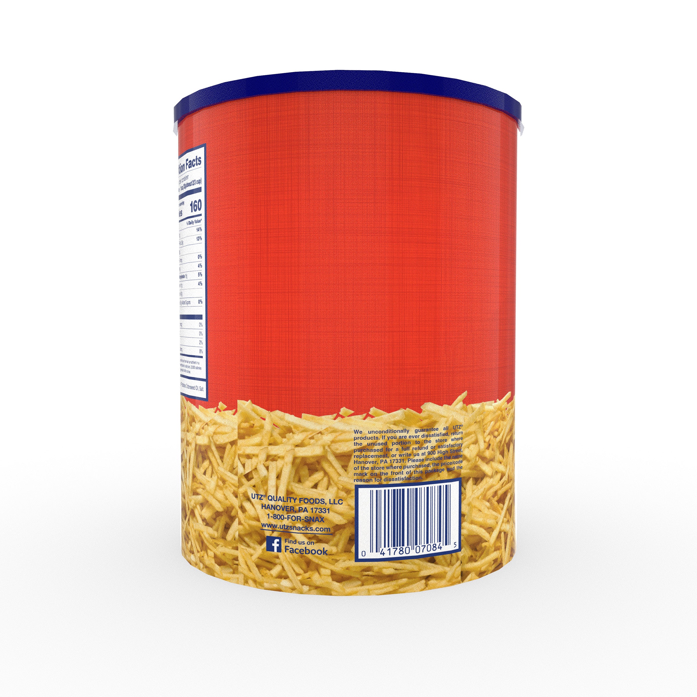 Back view of a cylindrical container with a red label and blue lid. The bottom of the label shows an image of potato sticks. Includes a barcode, company contact information (Utz Quality Foods, LLC), and a small section of the Nutrition Facts on the side.