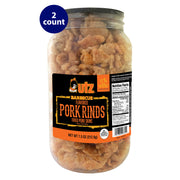 Jar of Utz Barbecue Flavored Pork Rinds, labeled as a 2-count, with a black and orange design on the front showing nutrition facts and product information.