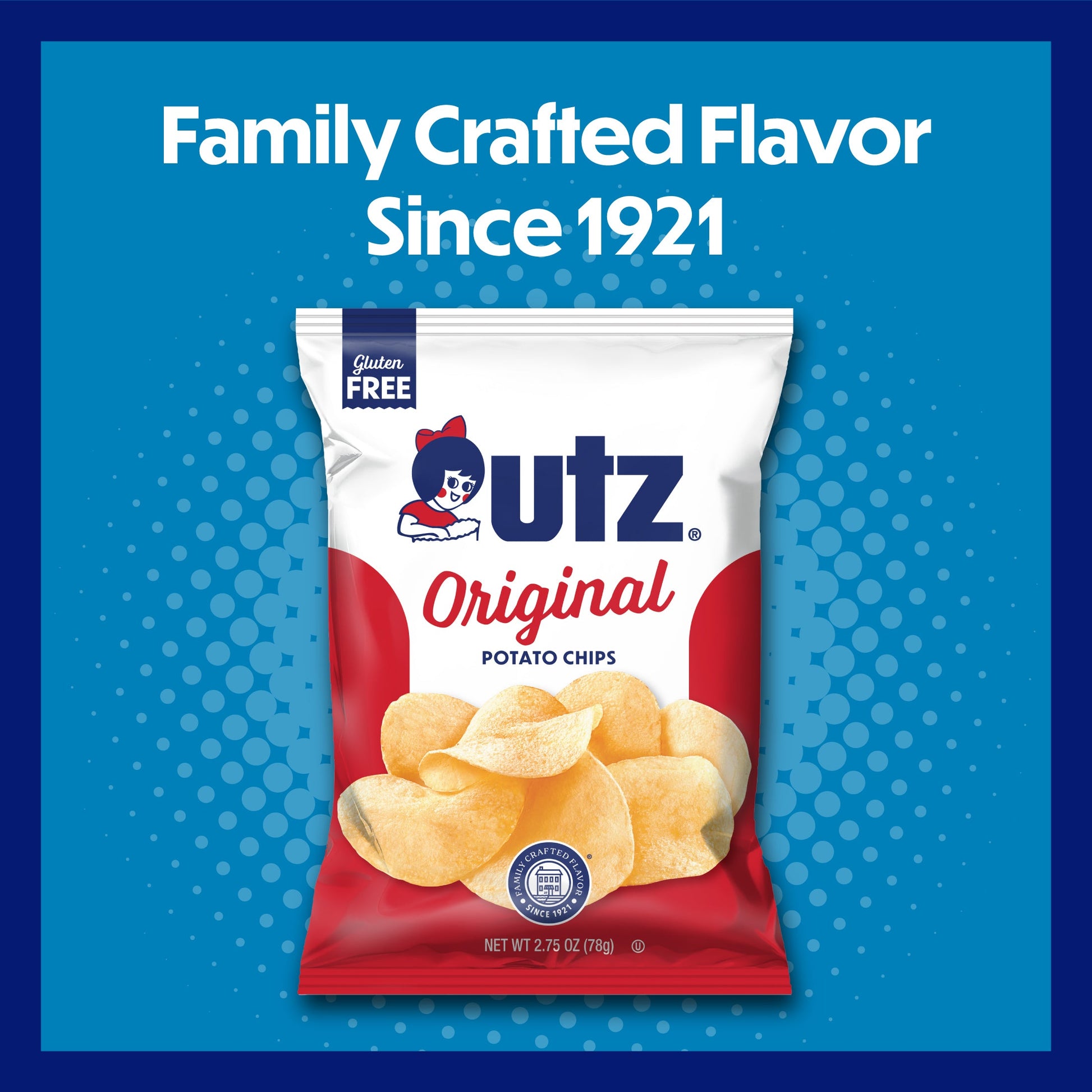 Utz Original Potato Chips packaging with blue background and text about family crafted flavor since 1921.