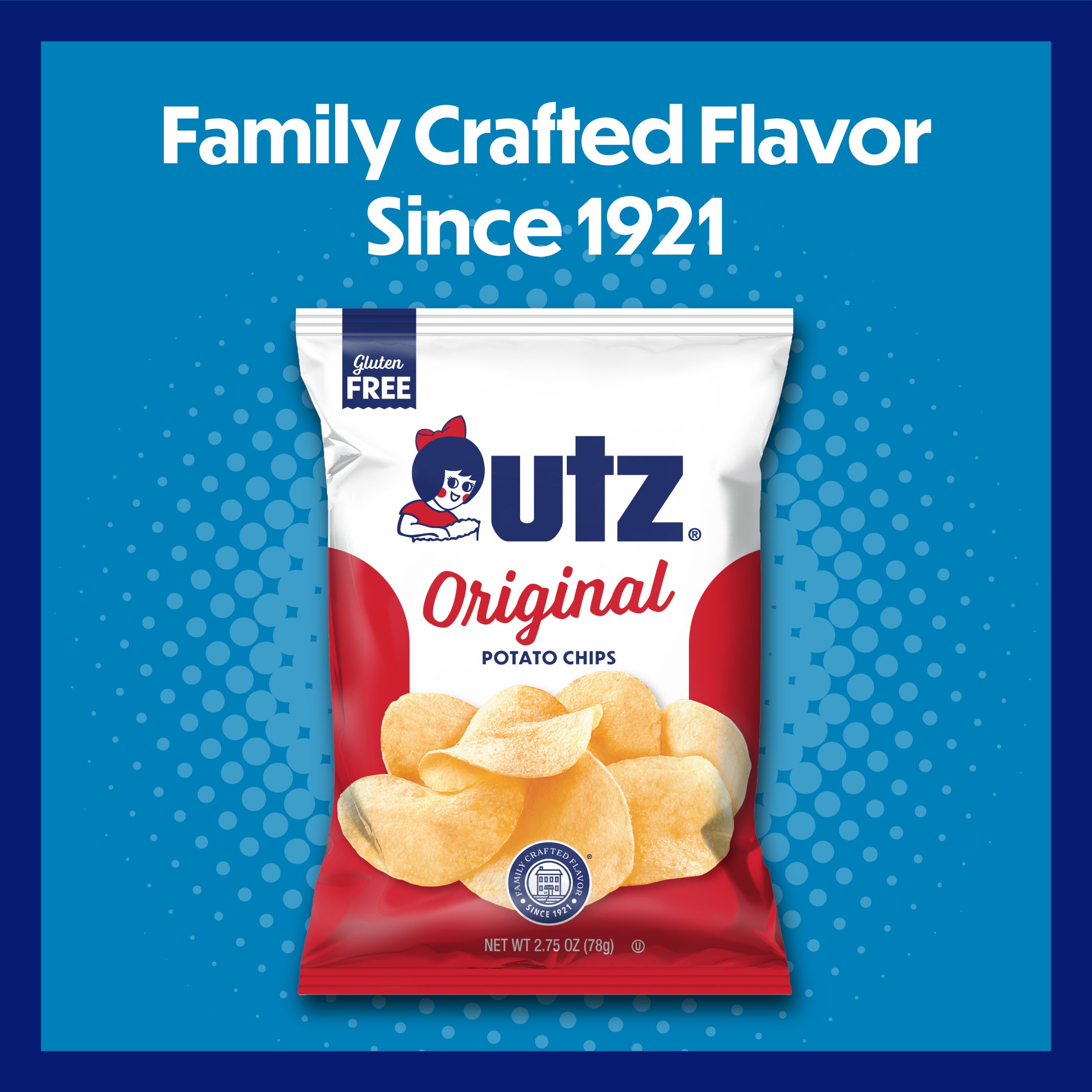 Utz Original Potato Chips packaging with blue background and text about family crafted flavor since 1921.