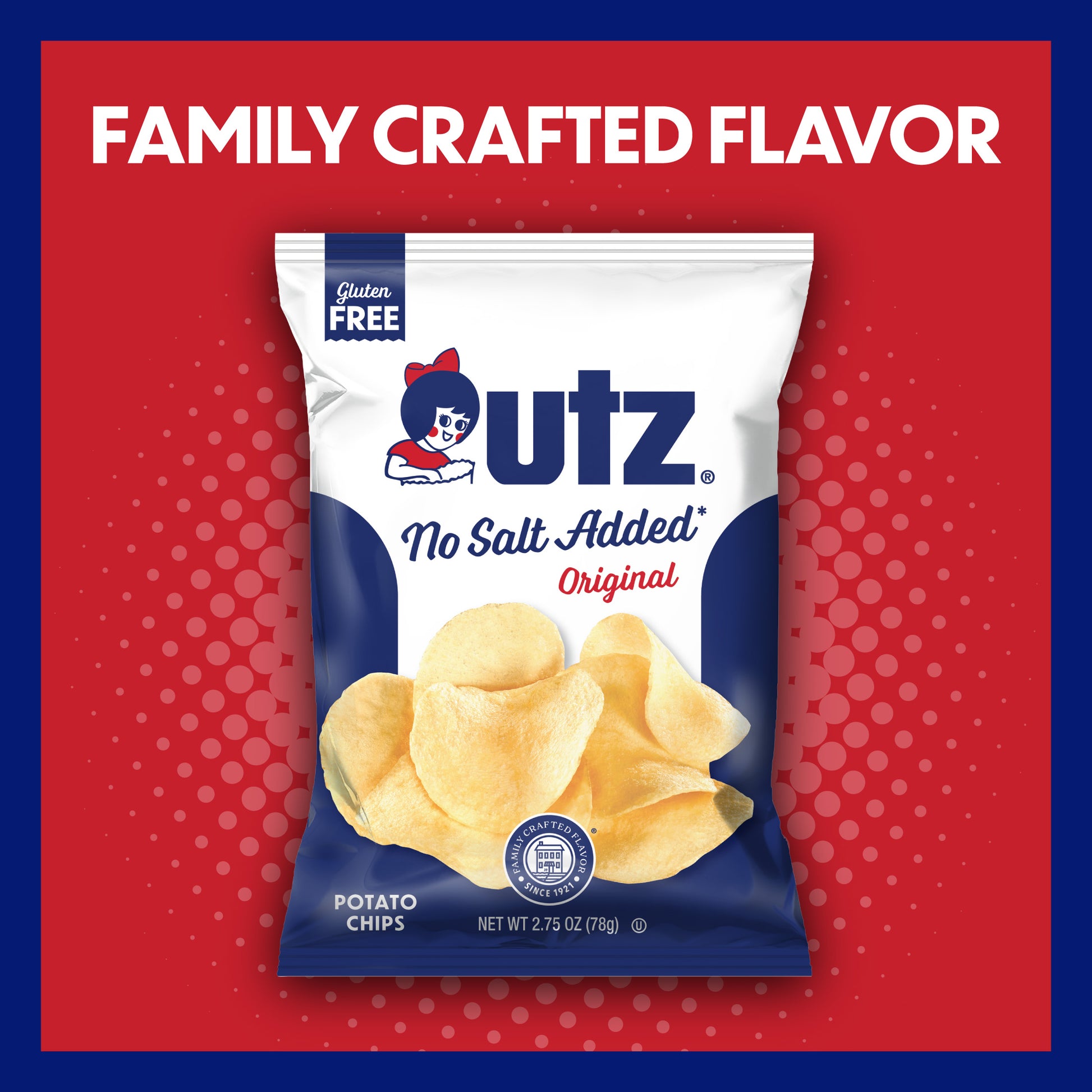UTZ No Salt Added Original Potato Chips packaging on a red background with 'Family Crafted Flavor' text.
