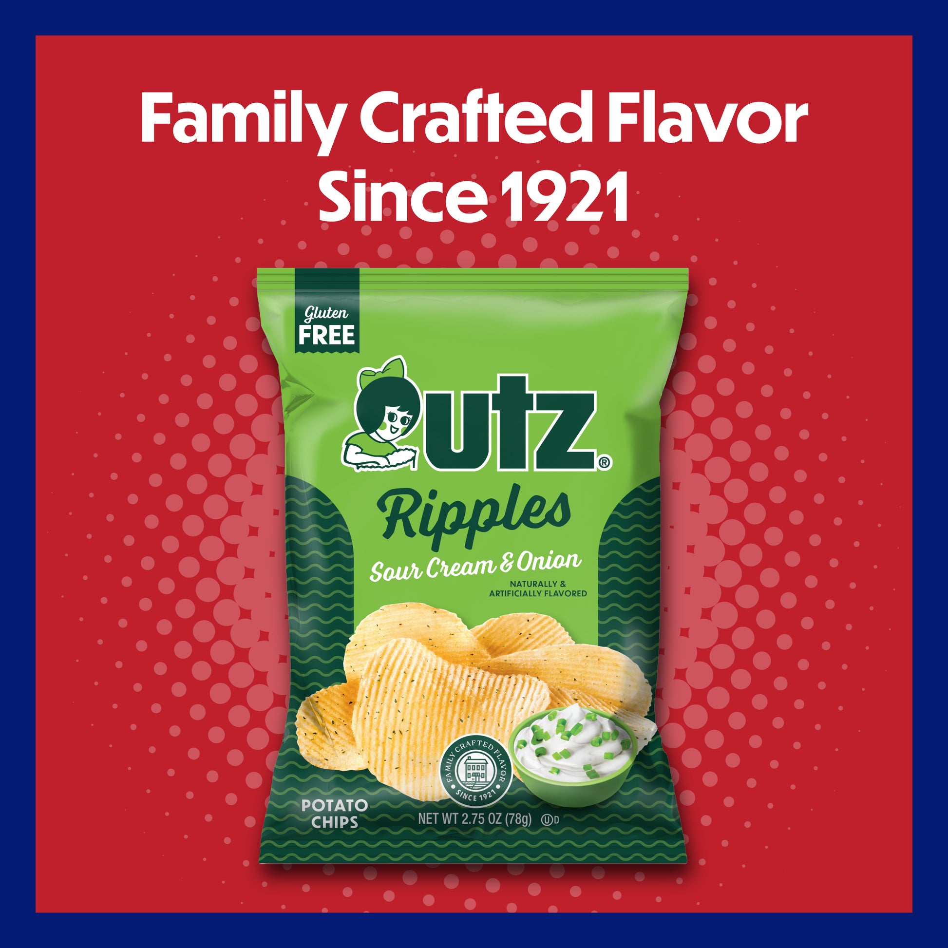 utz Ripples Sour Cream & Onion potato chips packaging on a red background with text 'Family Crafted Flavor Since 1921'.