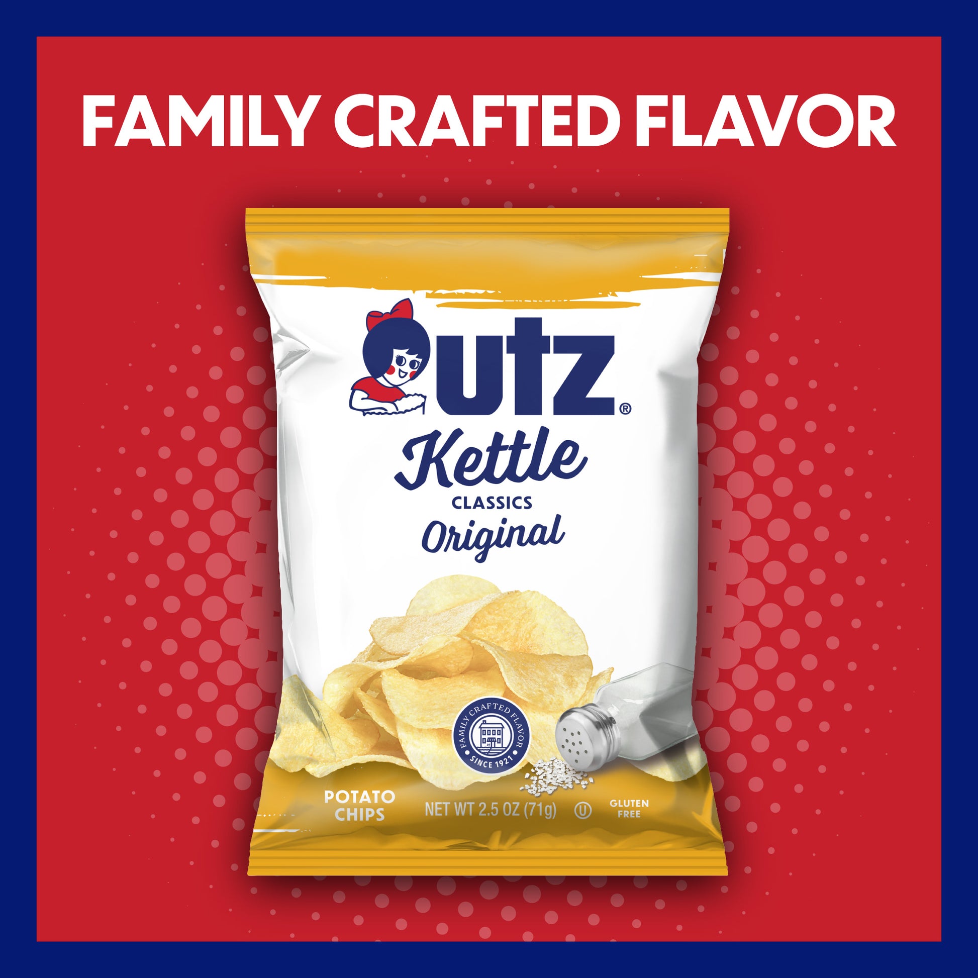 Utz Kettle Classics Original potato chips packaging on a red background with 'Family Crafted Flavor' text.