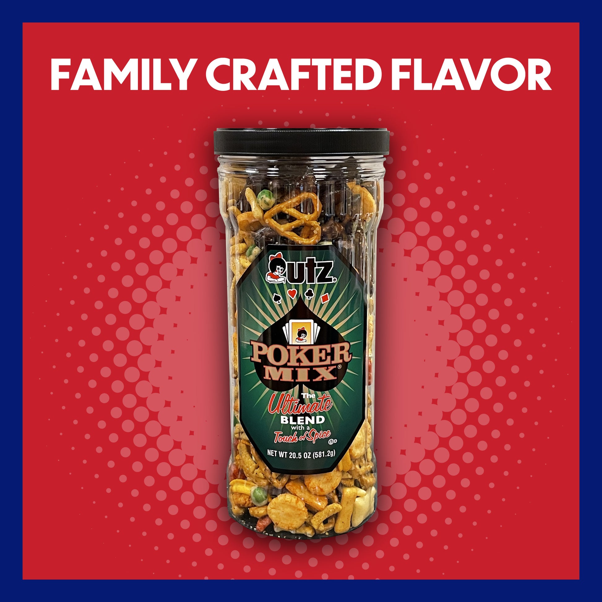 Utz Poker Mix snack container on a red background with 'Family Crafted Flavor' text.